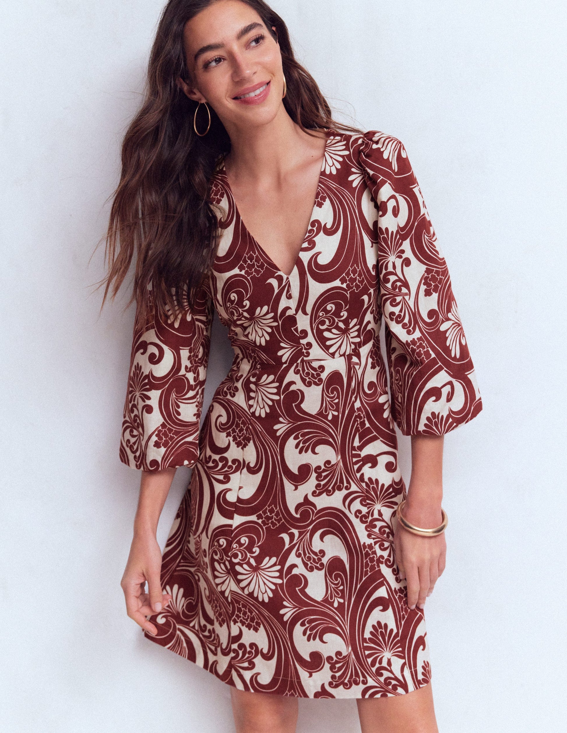 Marla Linen Blend Short Dress-Brown Foliage Whirl | Boden UK