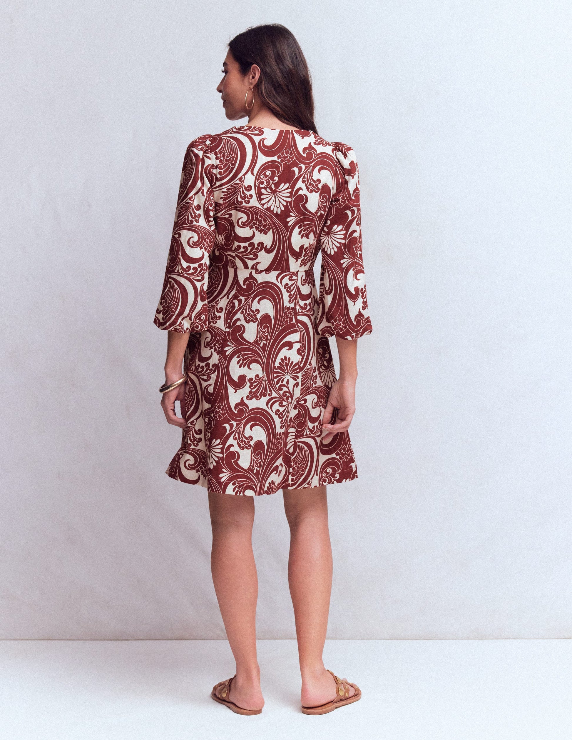 Marla Linen Blend Short Dress-Brown Foliage Whirl-8