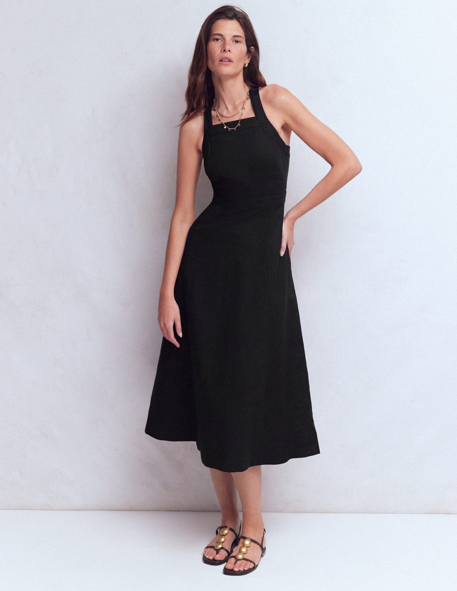 Cross-back Linen Blend Dress-Black-4