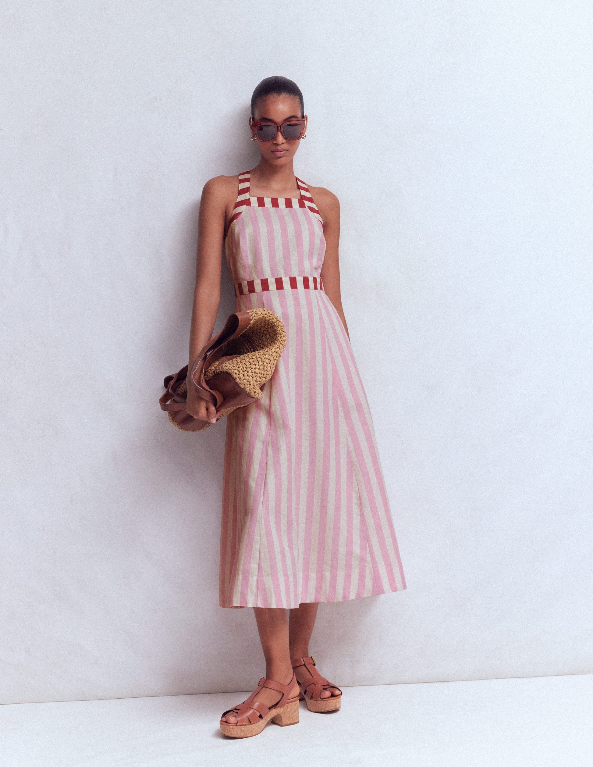 Cross-back Linen Blend Dress-Orchid Pink Stripe-3