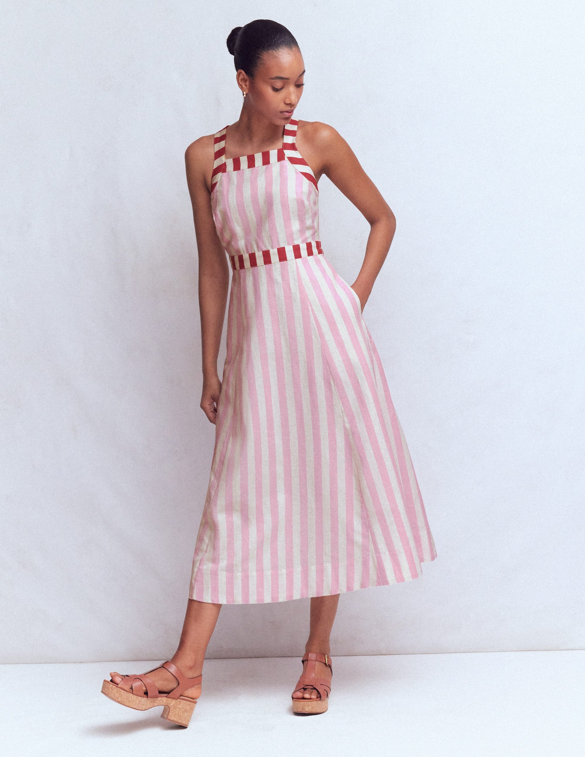 Cross-back Linen Blend Dress-Orchid Pink Stripe-6
