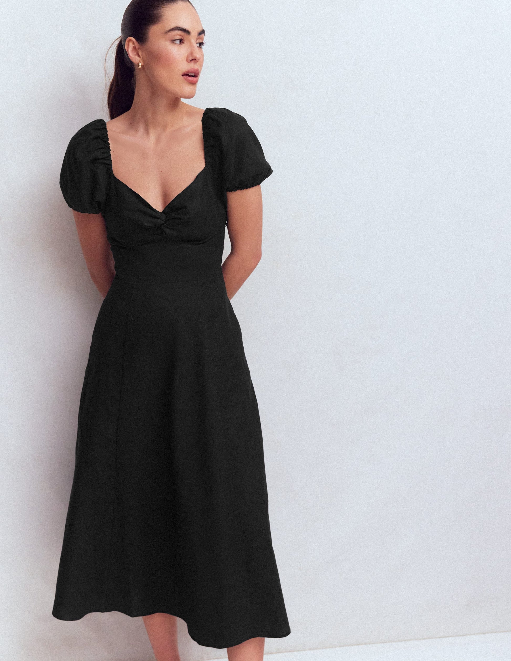 Twist Front Linen Blend Dress-Black-1