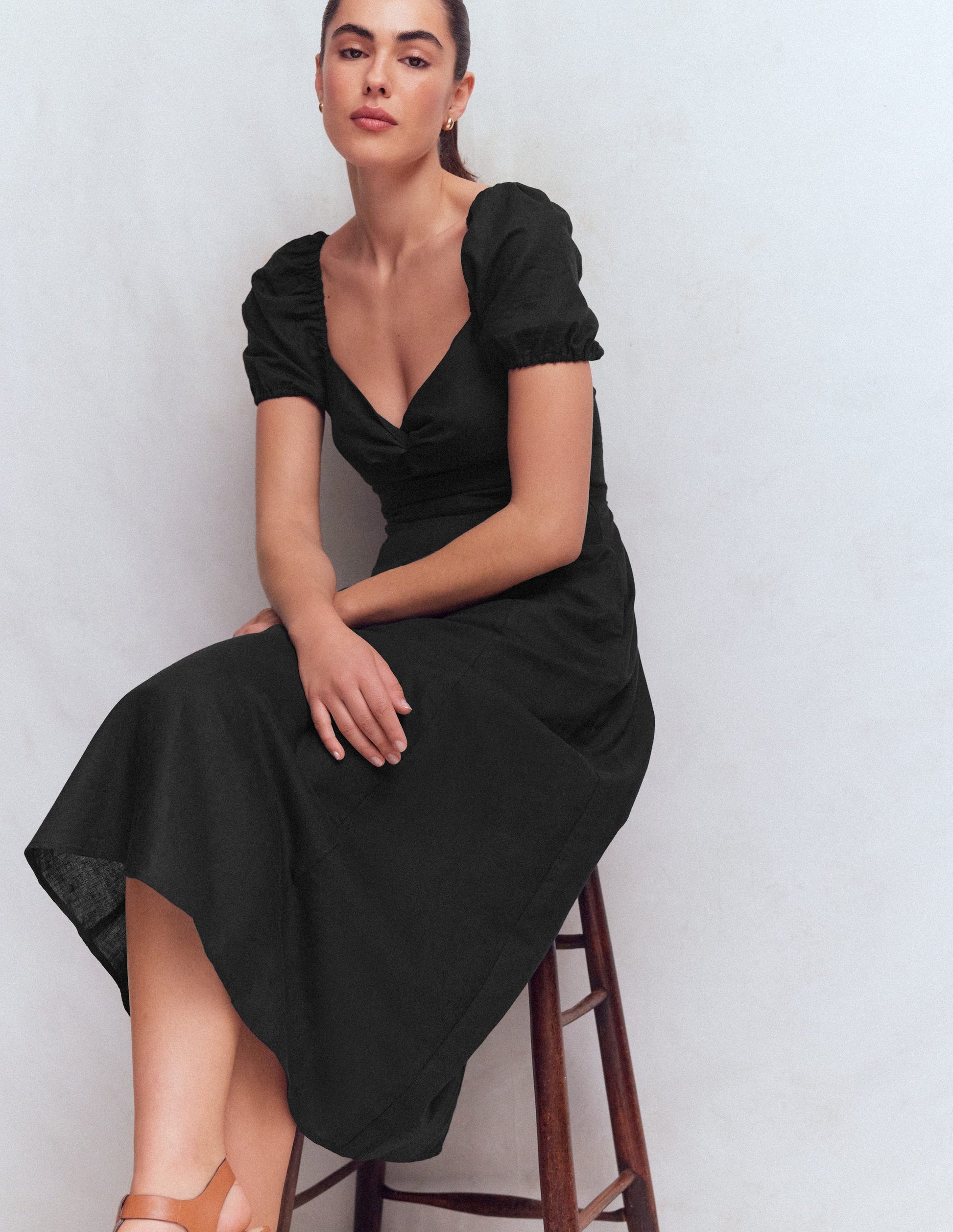 Twist Front Linen Blend Dress-Black-4