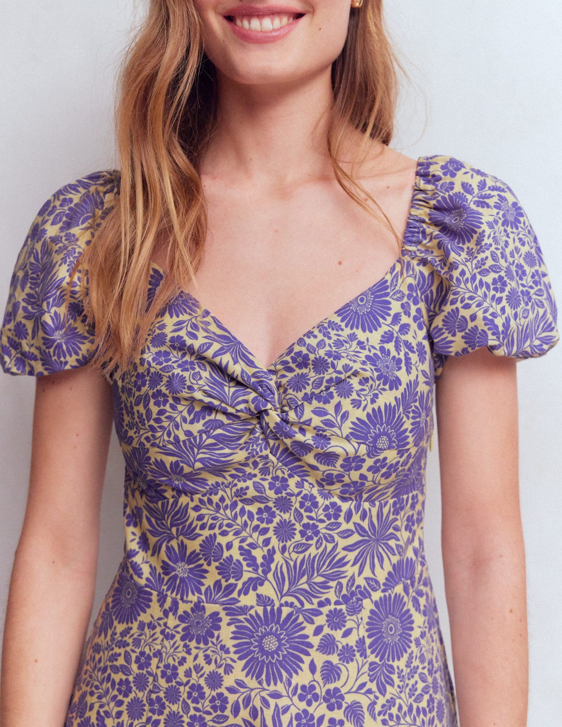 Twist Front Linen Blend Dress-Han Purple, Flowered Bloom-3