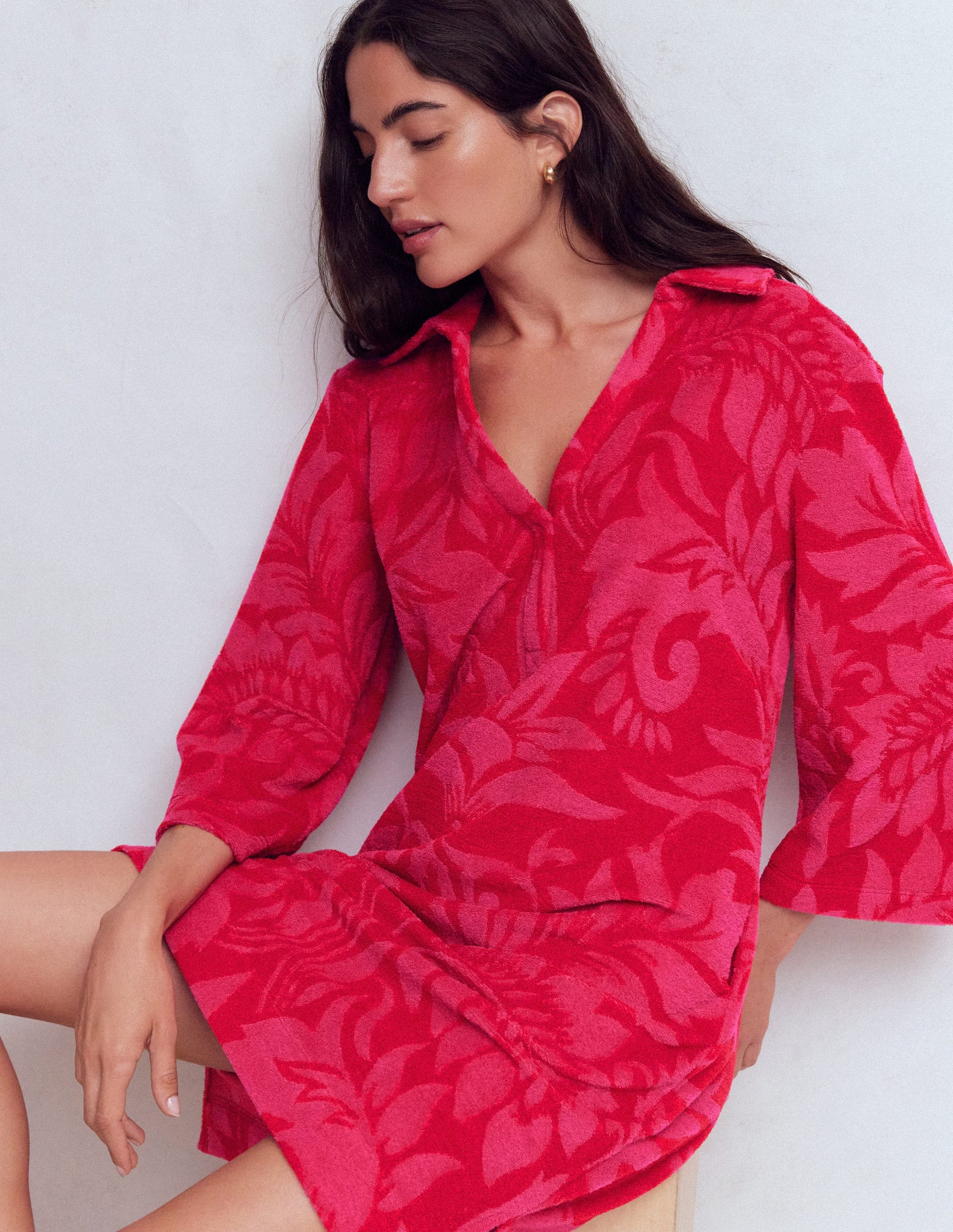 Short Collared Towelling Dress-Merida Red, Ornamental Foliage-2