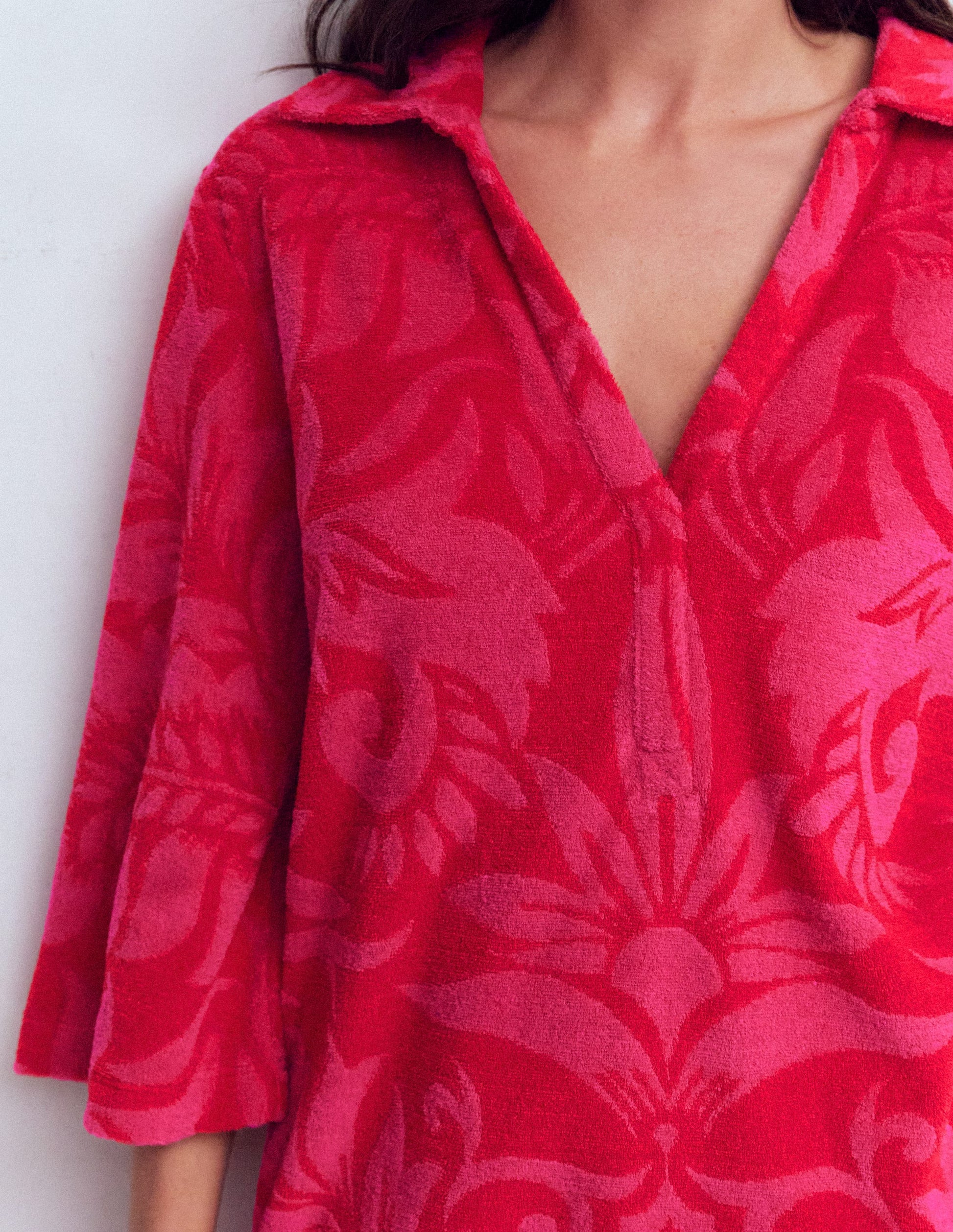 Short Collared Towelling Dress-Merida Red, Ornamental Foliage-3