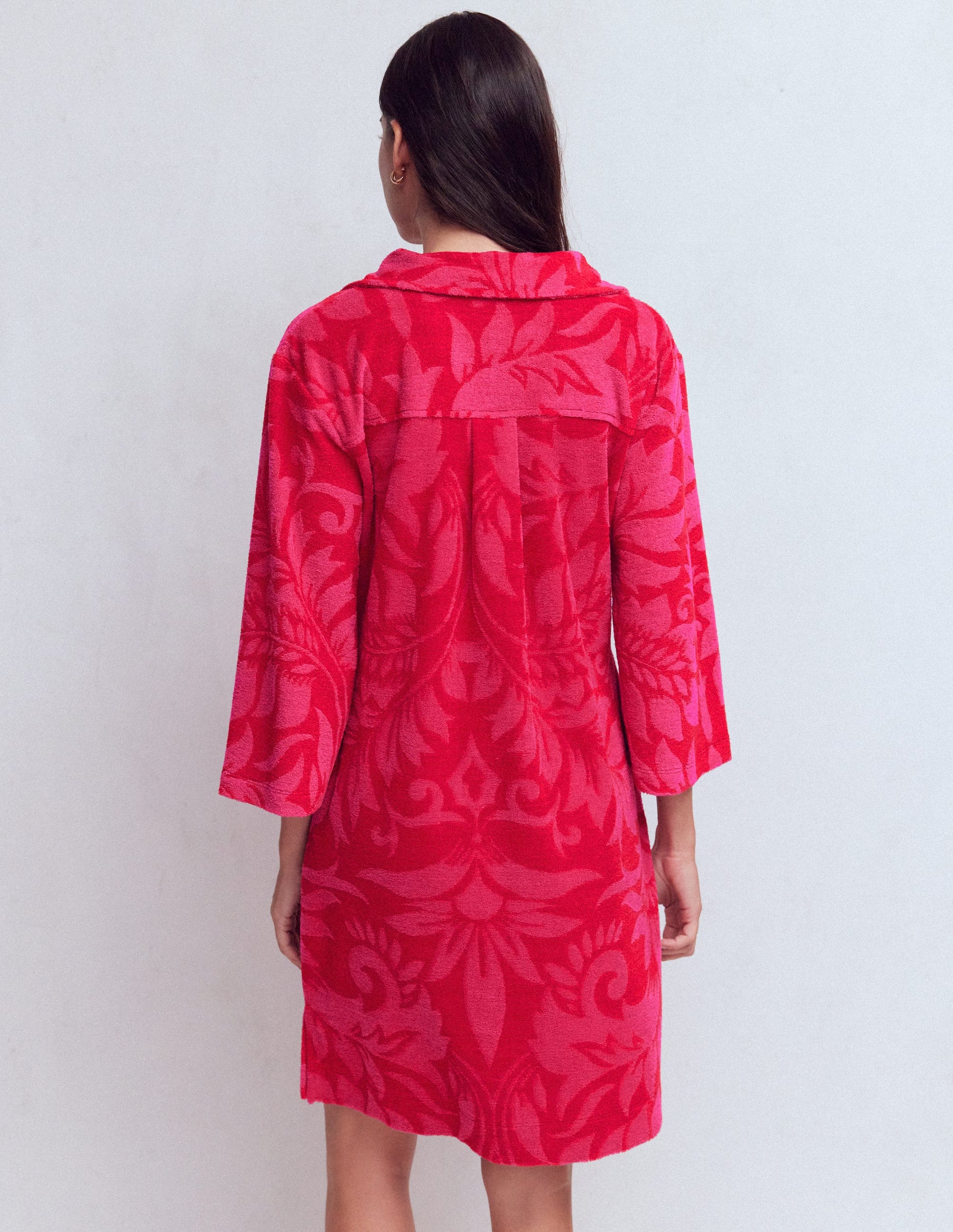 Short Collared Towelling Dress-Merida Red, Ornamental Foliage-4