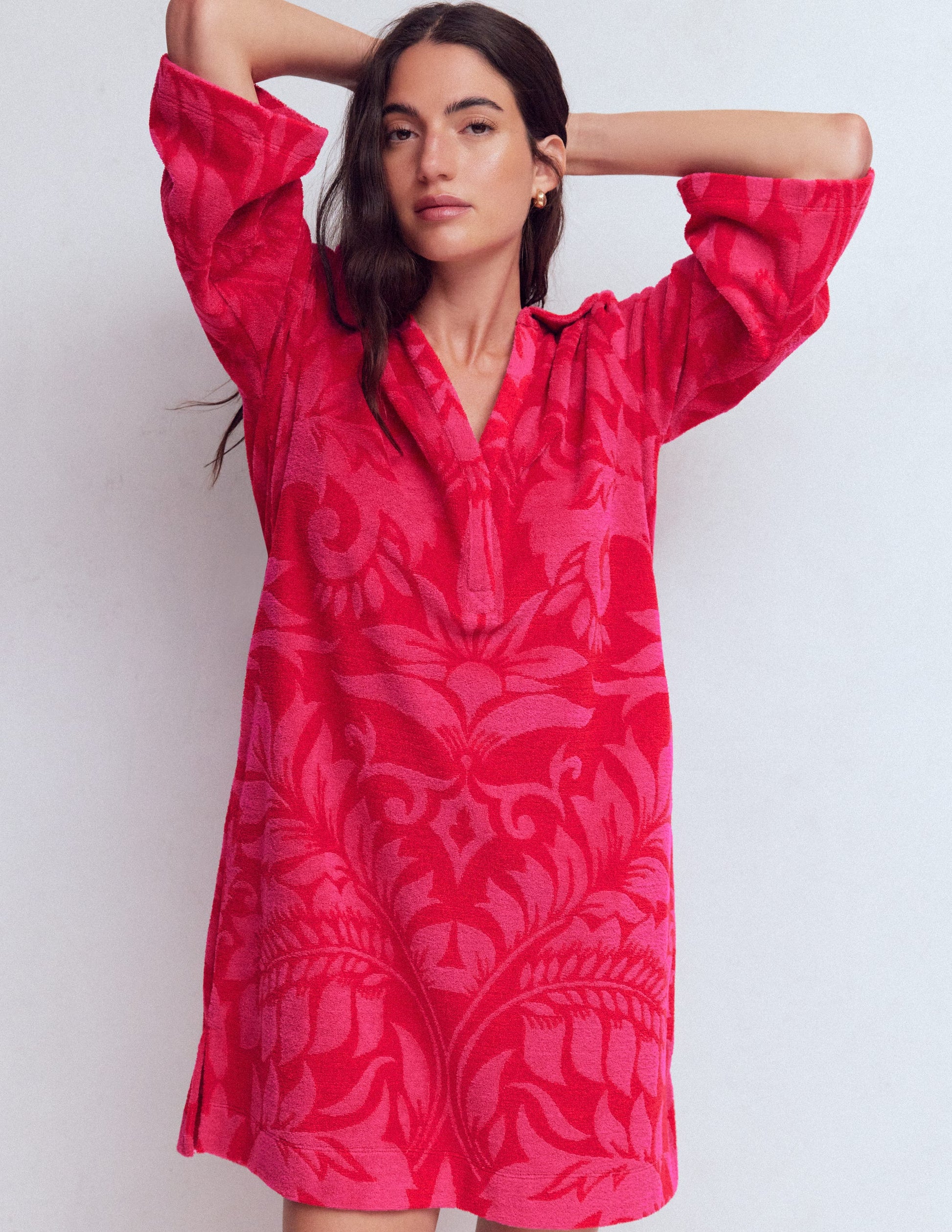 Short Collared Towelling Dress-Merida Red, Ornamental Foliage-6