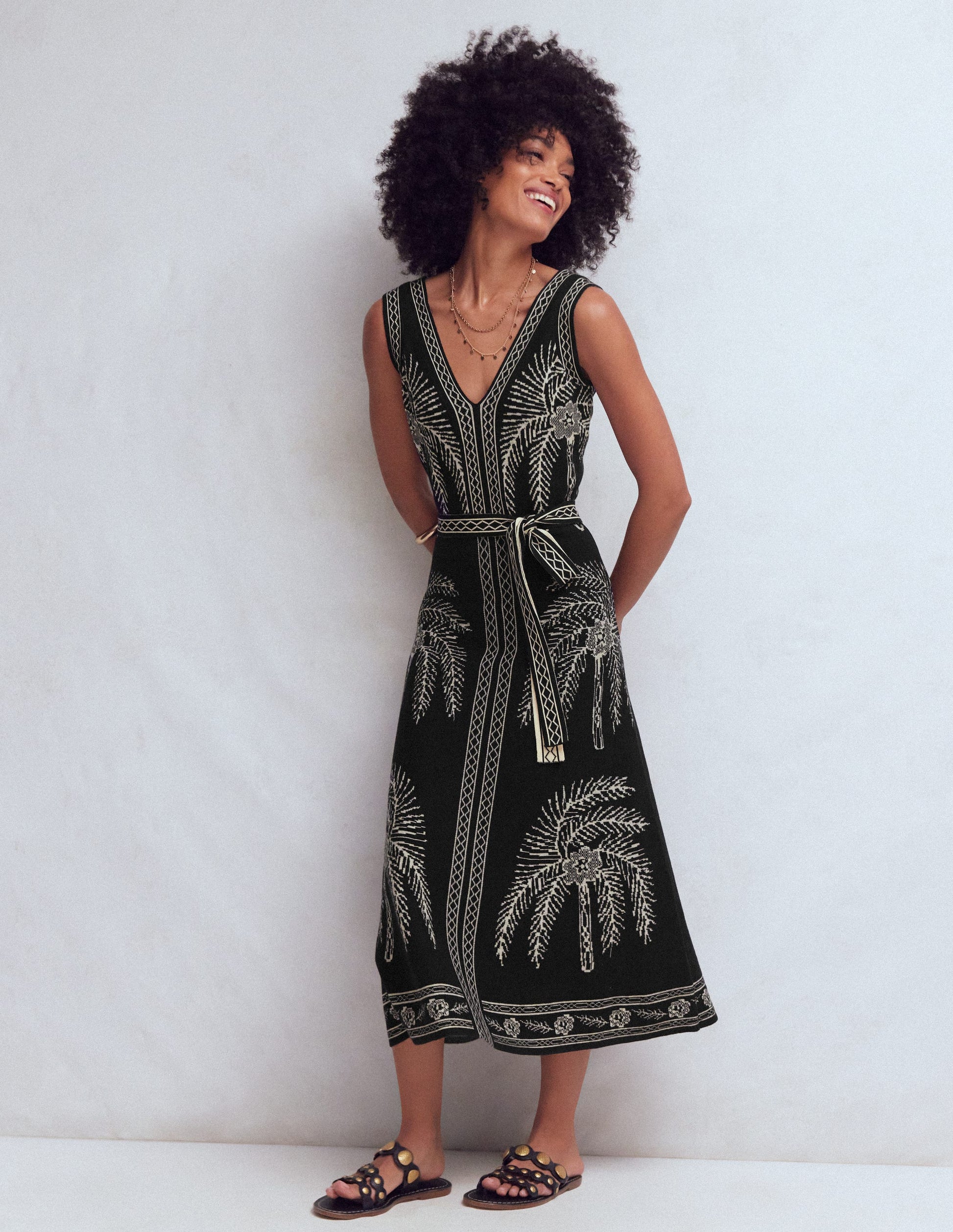 V Neck Jacquard Dress-Palm Jacquard-1