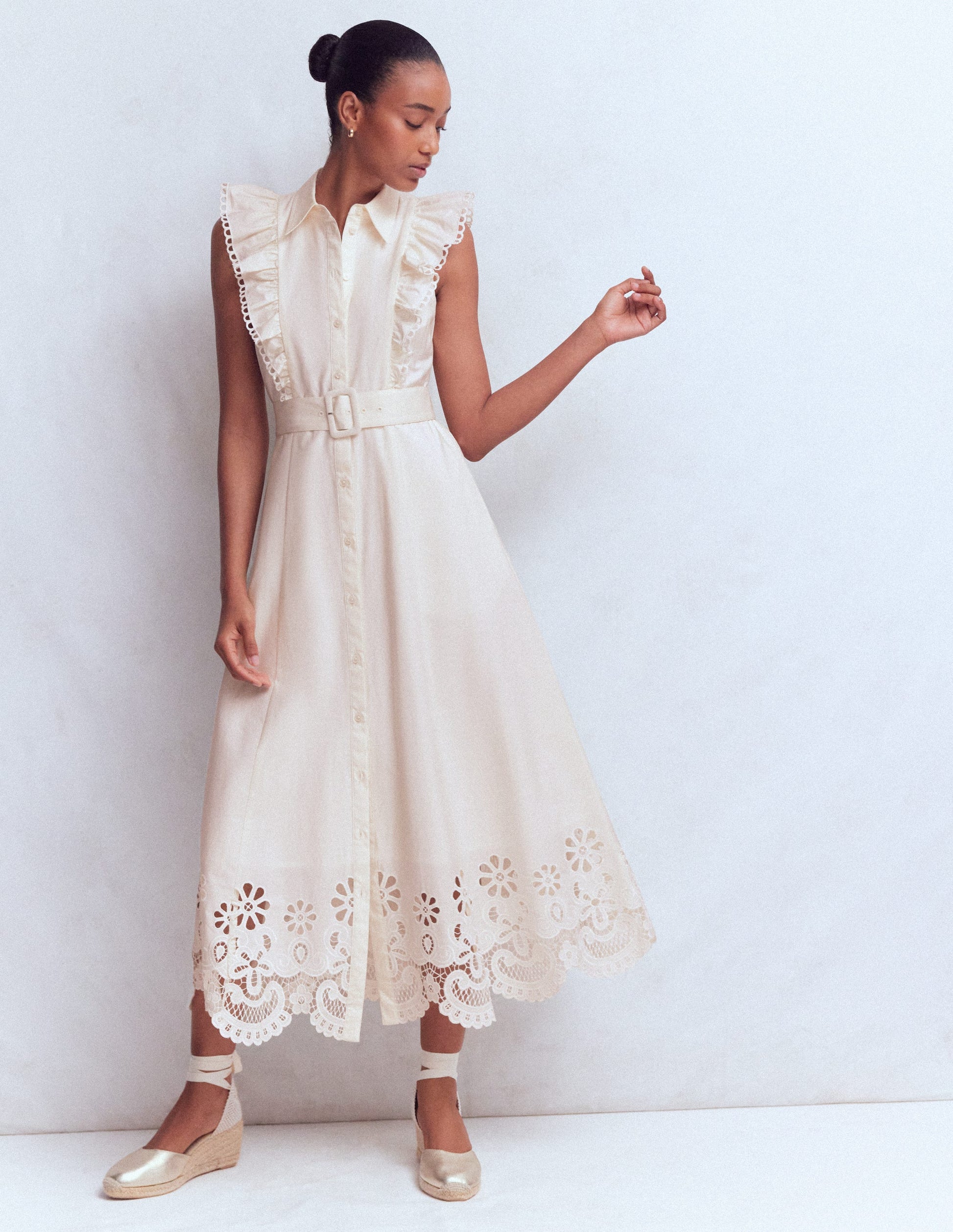 Ruffle Bodice Shirt Dress-White Broderie Trim-2
