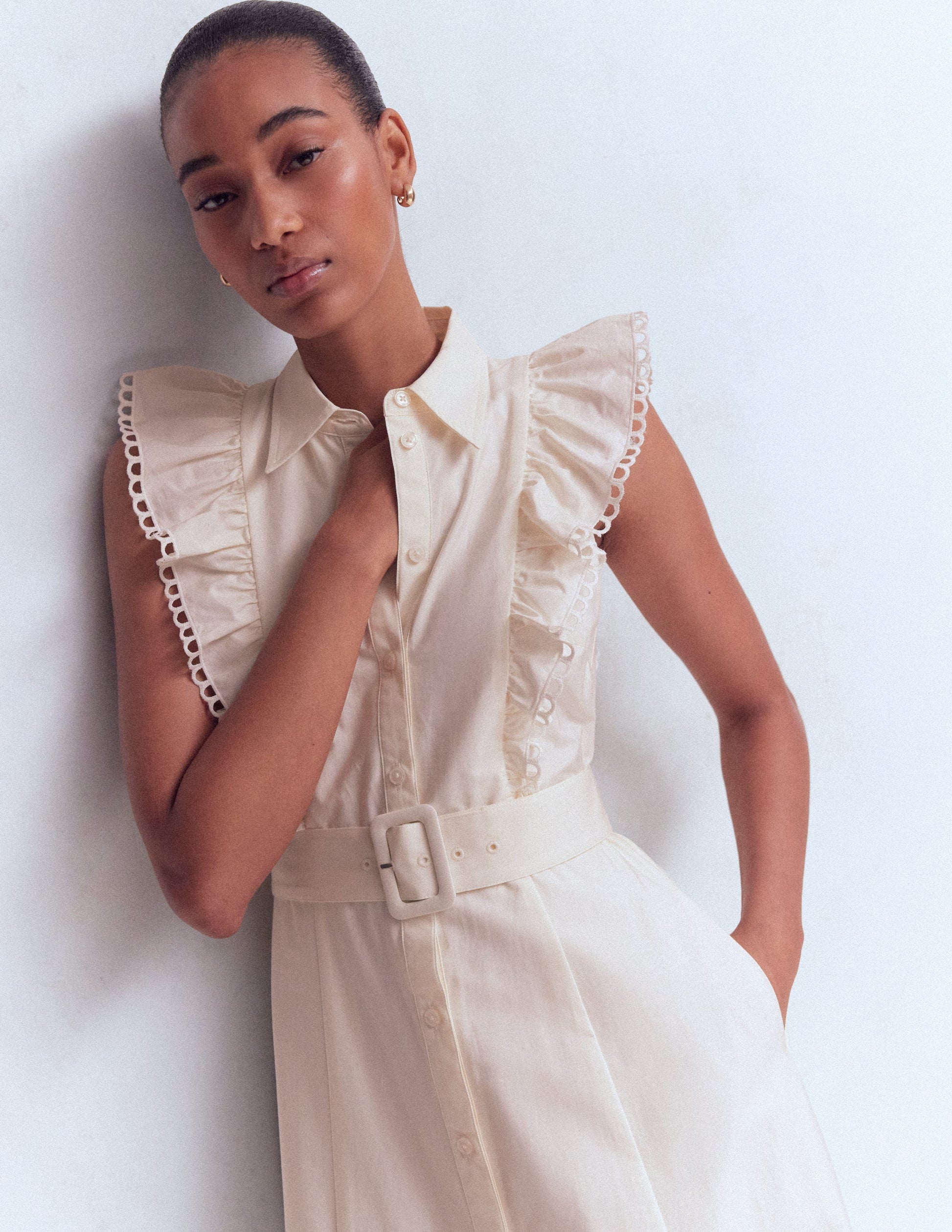 Ruffle Bodice Shirt Dress-White Broderie Trim-3