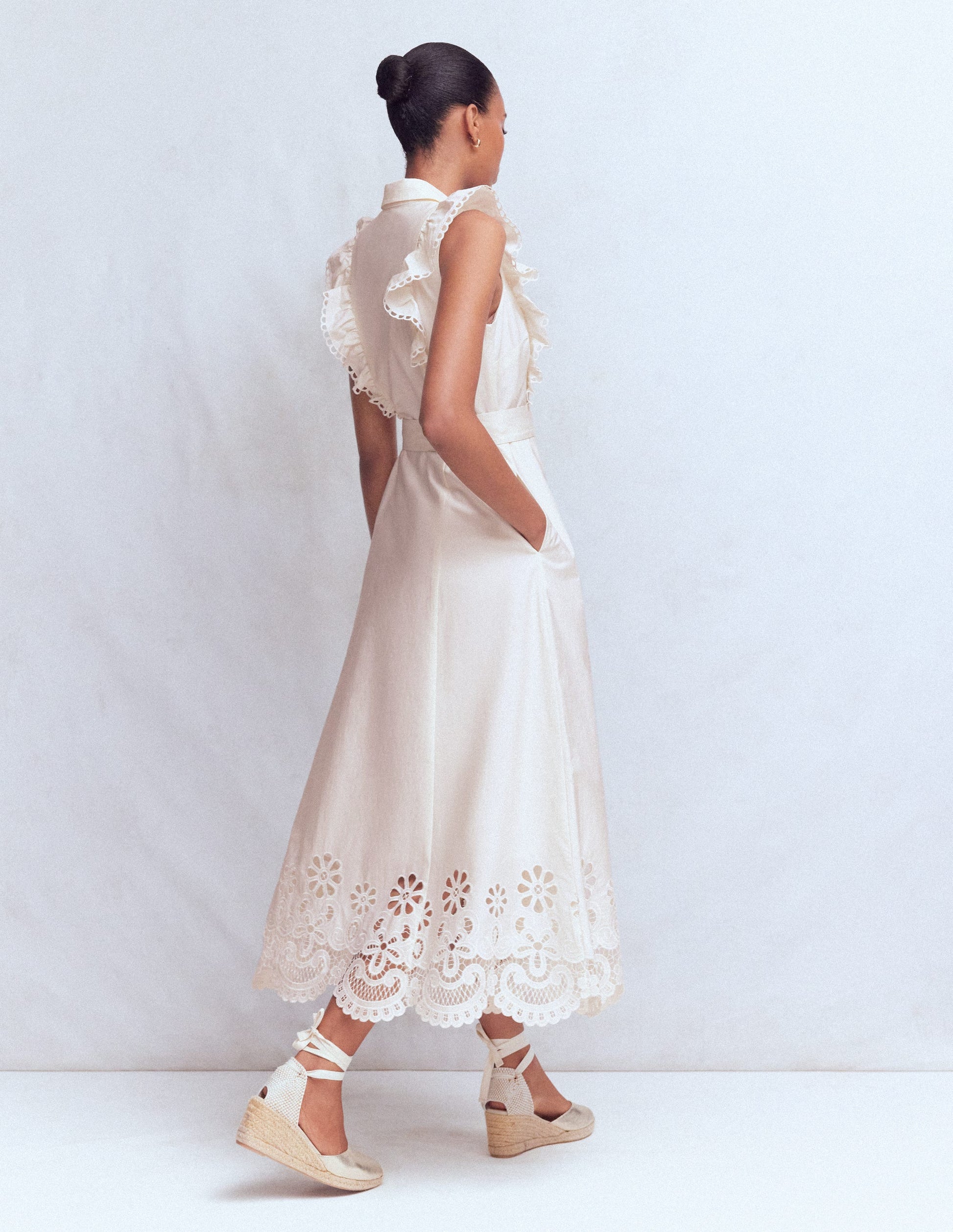Ruffle Bodice Shirt Dress-White Broderie Trim-4