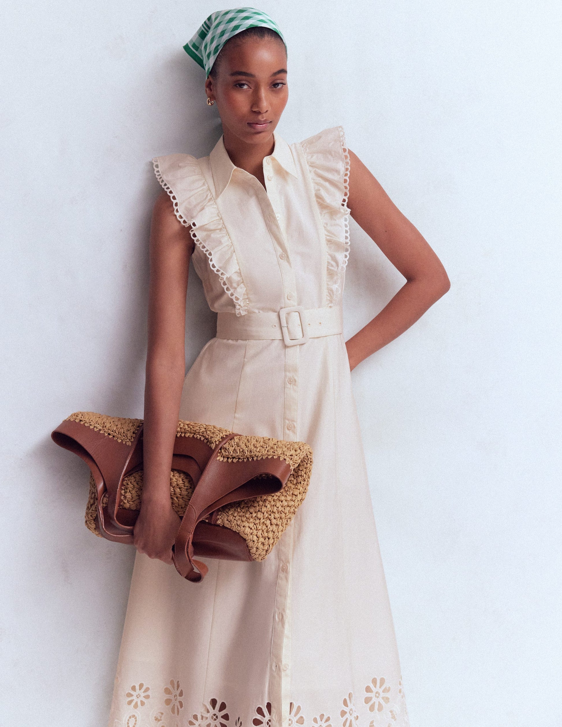 Ruffle Bodice Shirt Dress-White Broderie Trim-5