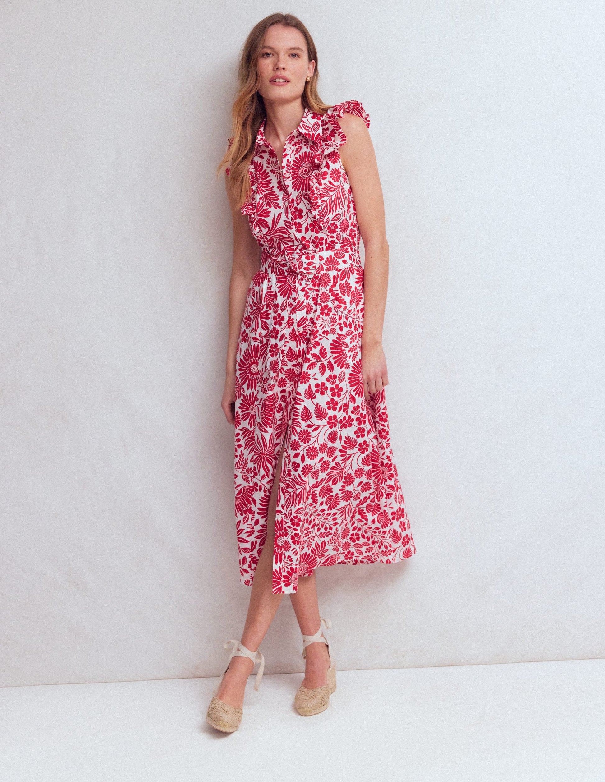 Ruffle Bodice Shirt Dress-Merida Red, Flowerbed Bloom-1