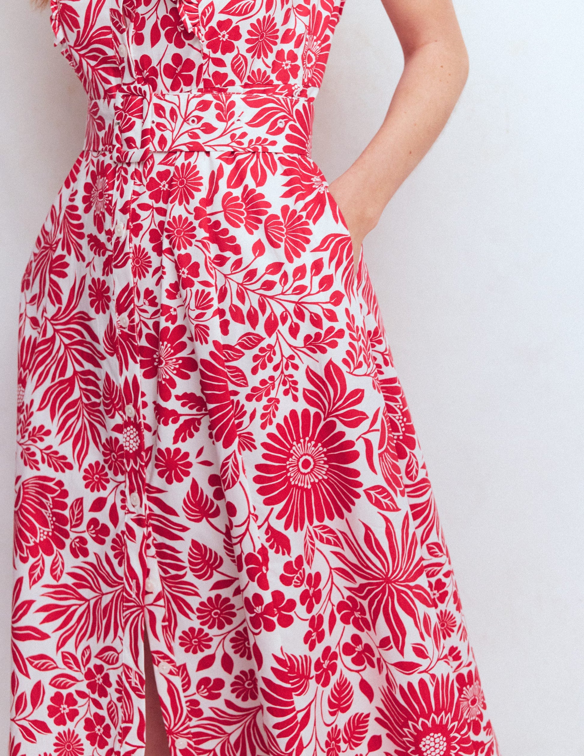 boden formal dress Ruffle Bodice Shirt Dress-Merida Red, Flowerbed Bloom