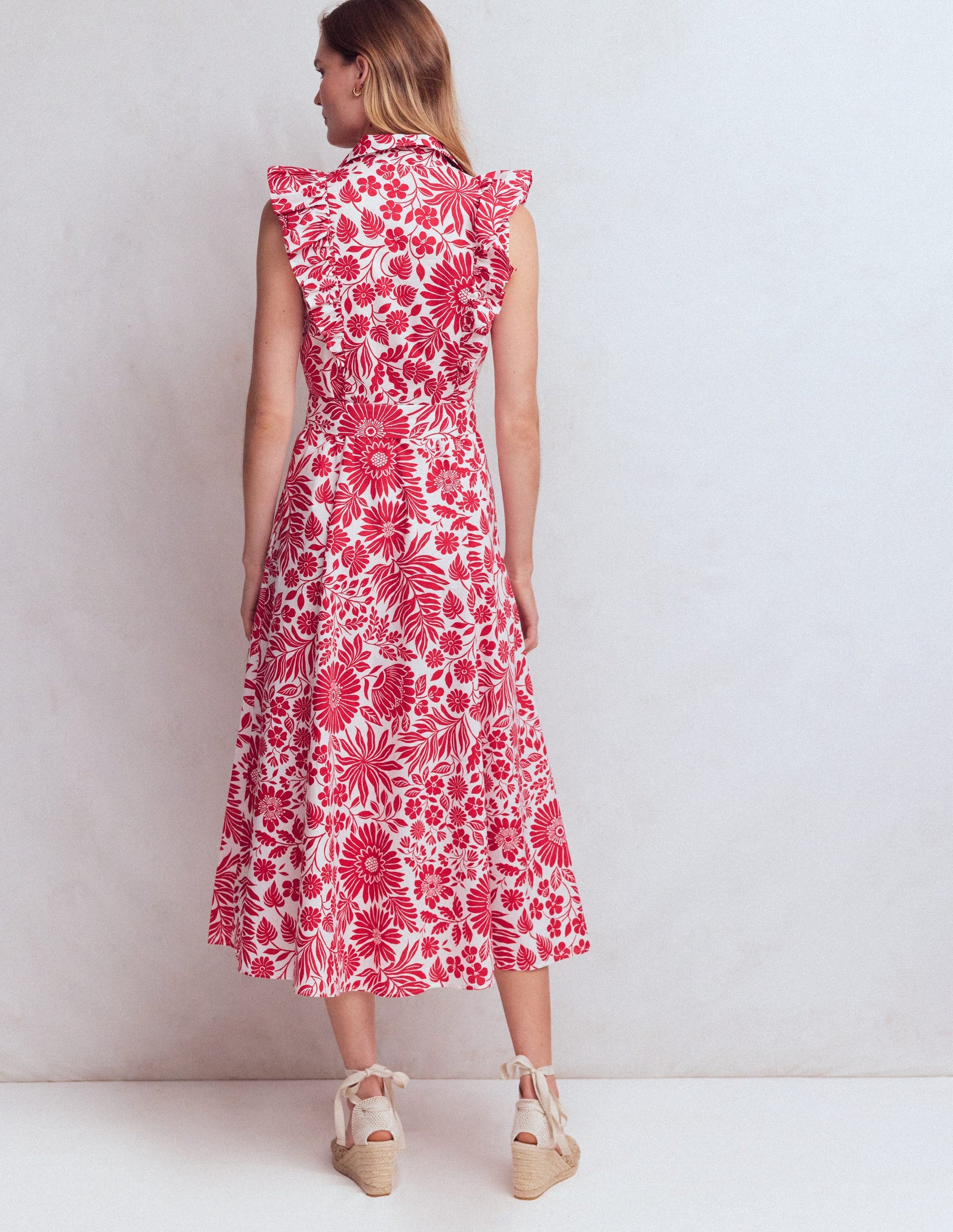 Ruffle Bodice Shirt Dress-Merida Red, Flowerbed Bloom