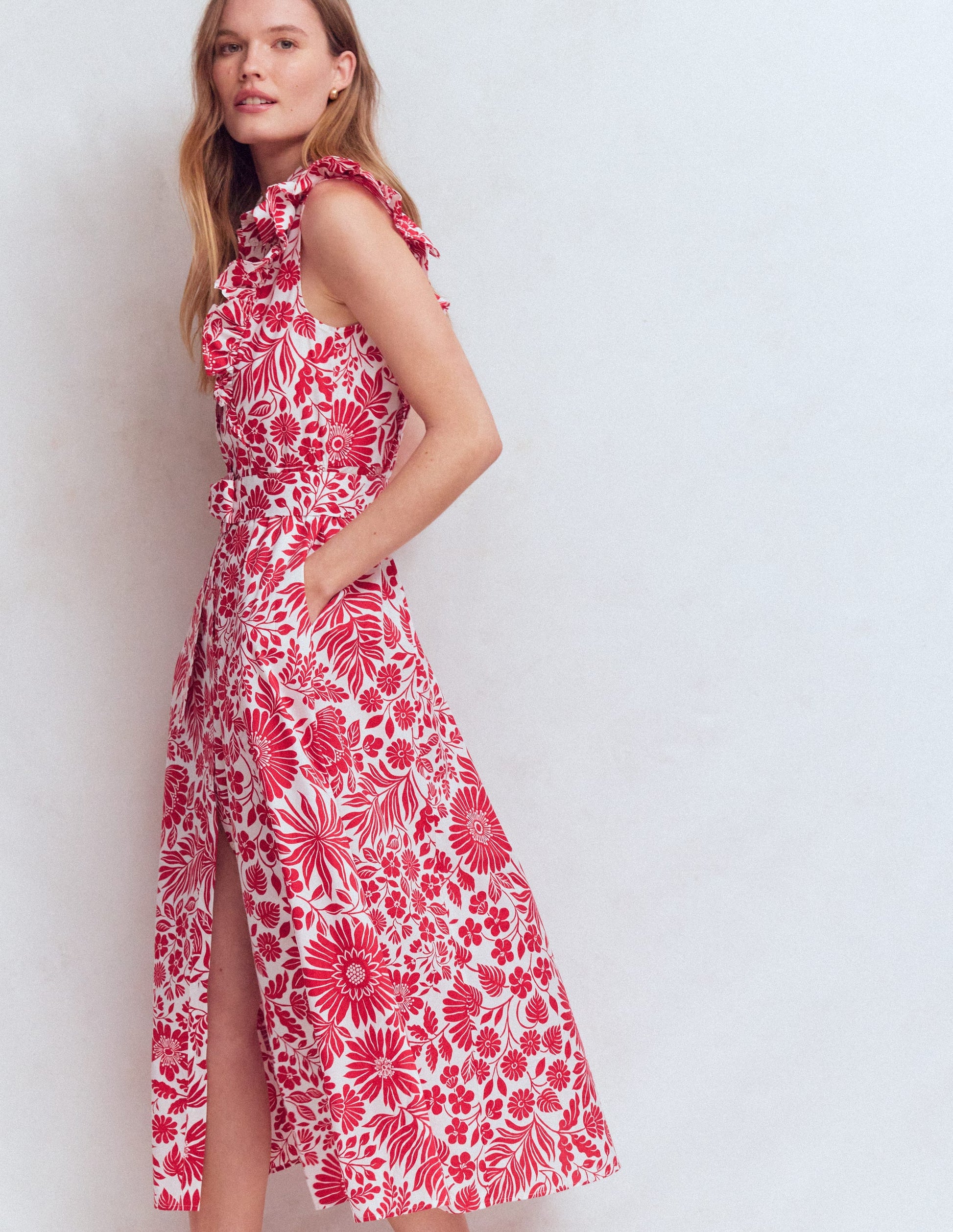 Ruffle Bodice Shirt Dress-Merida Red, Flowerbed Bloom-5