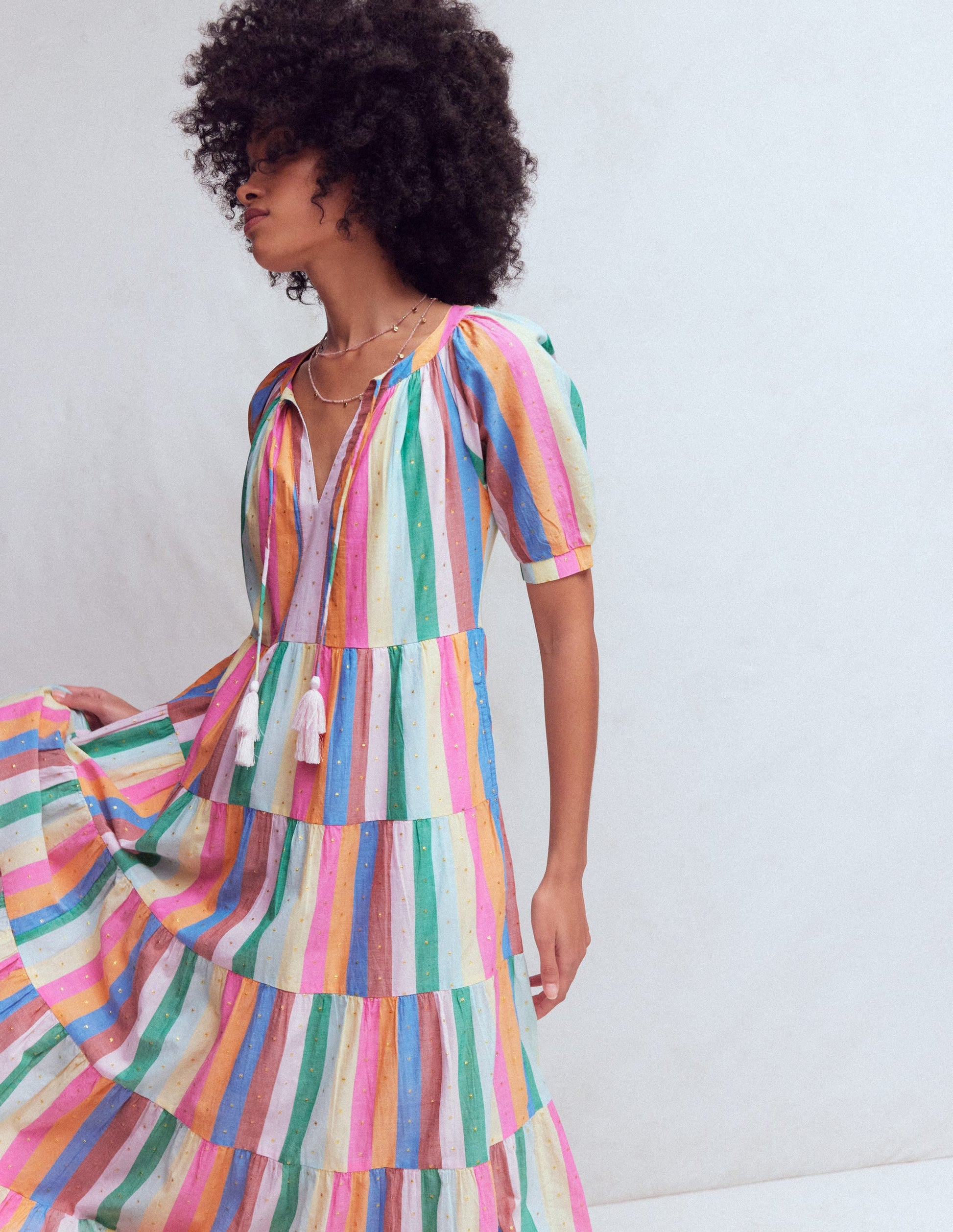 colorful tiered maxi dress Multi Tiered Maxi Dress-Multi Clipped Stripe