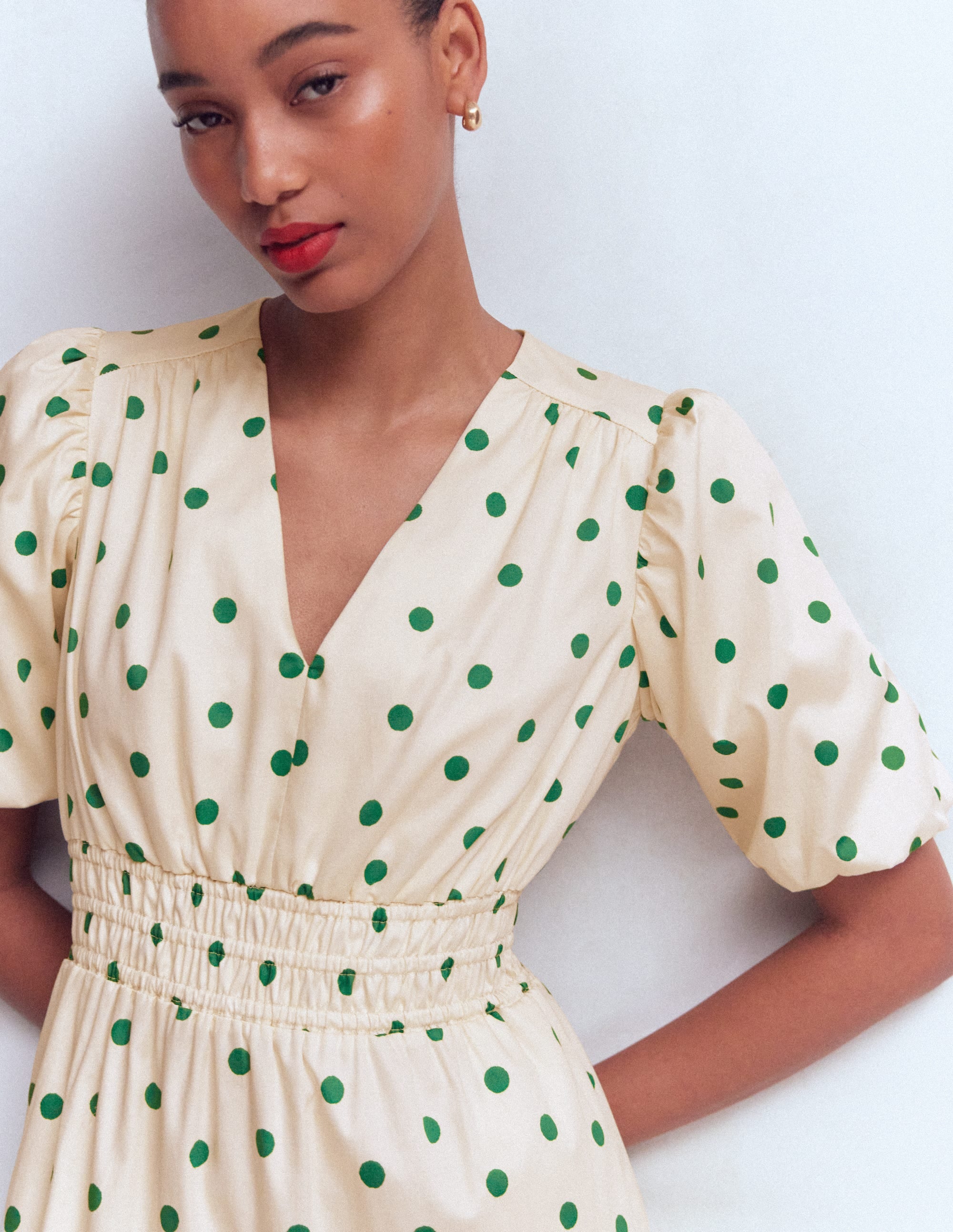 Irene Puff Sleeve Cotton Dress-Papyrus, Painted Dot Spaced - Image 3