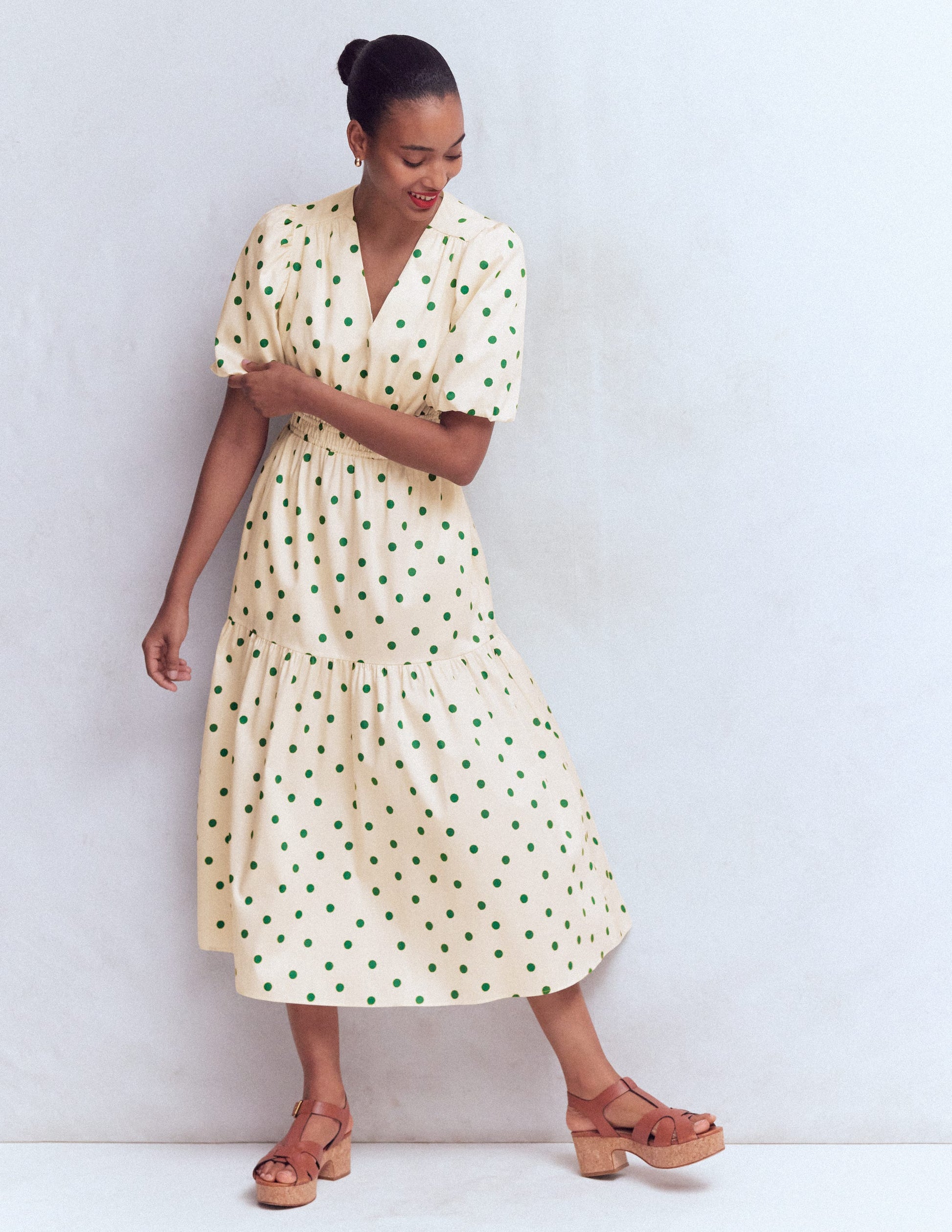 Irene Puff Sleeve Cotton Dress-Ivory Green Spot | Boden UK Irene Puff Sleeve Cotton Dress-Ivory Green Spot | Boden UK