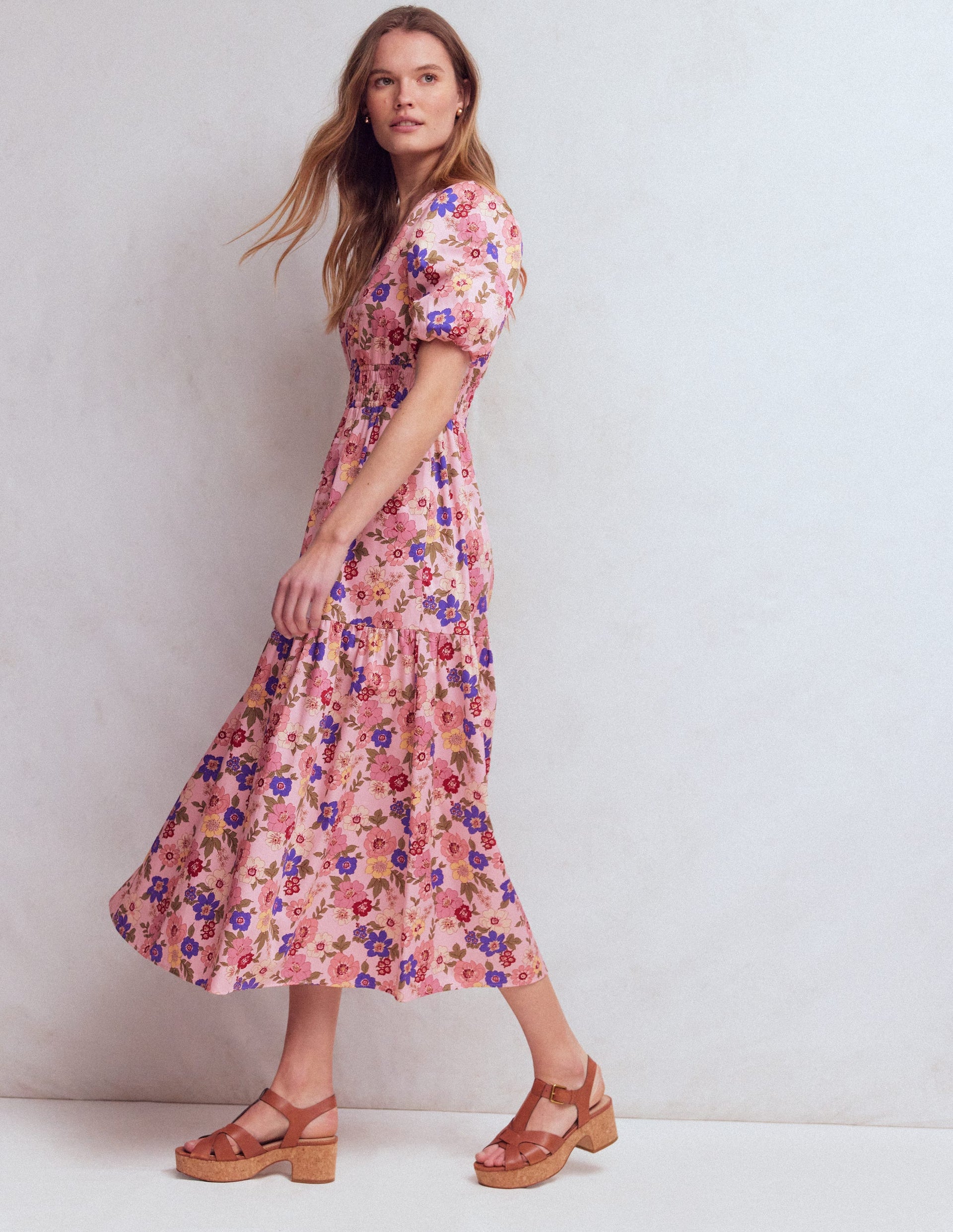Irene Puff Sleeve Cotton Dress - Pink, Blossomy Garden