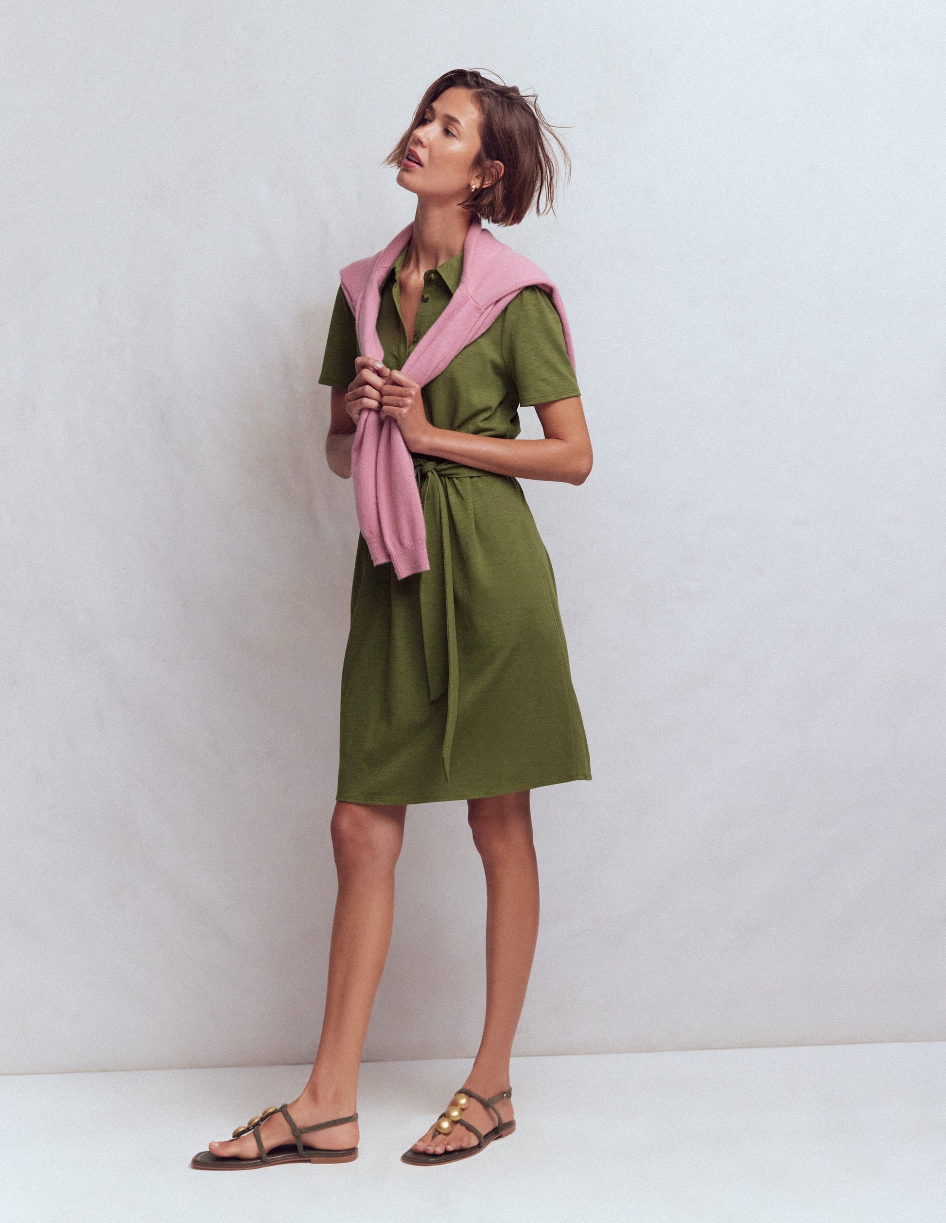 green dress with sandals Patti Short Jersey Shirt Dress-Woodland Green