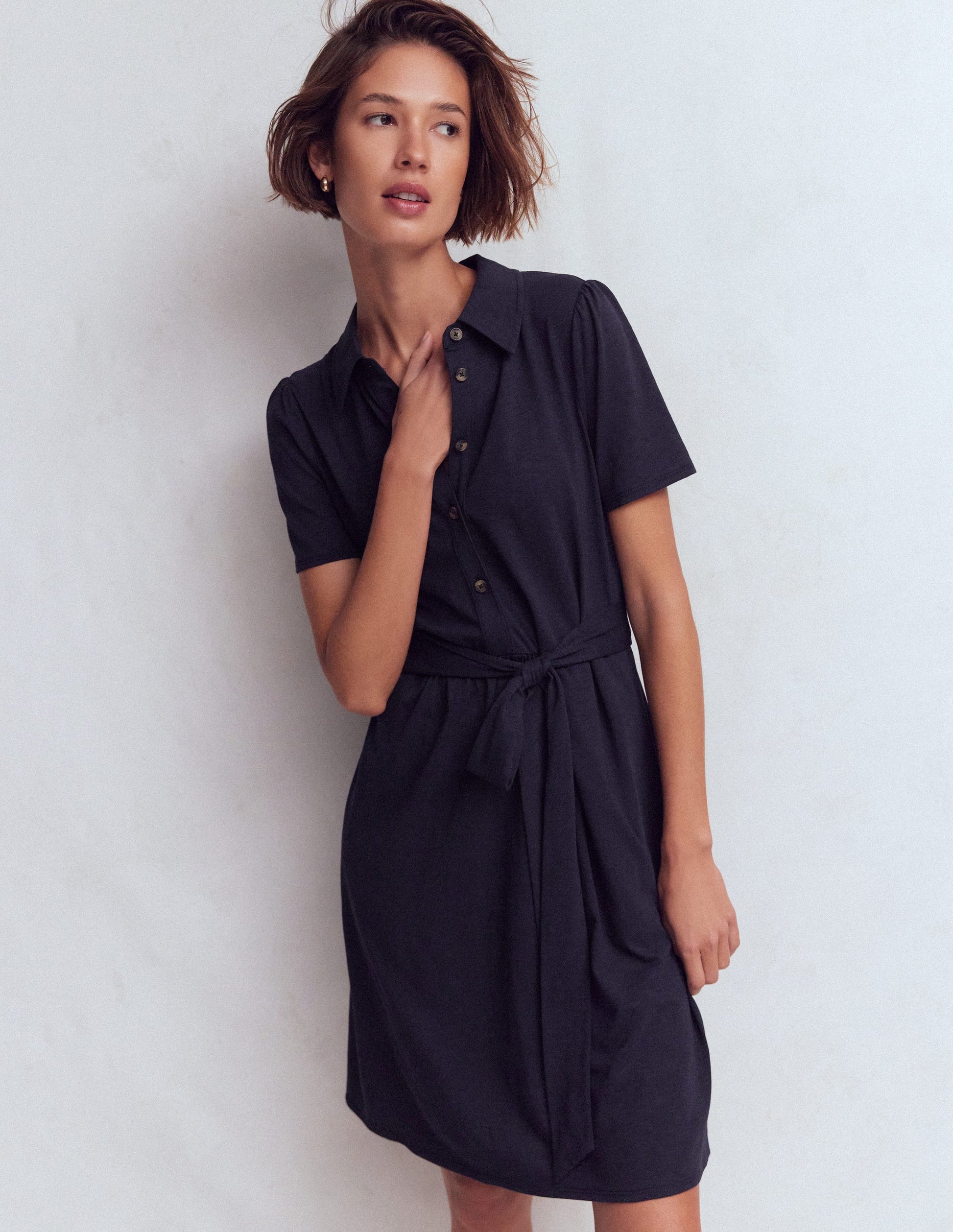 Patti Short Jersey Shirt Dress-Navy-1