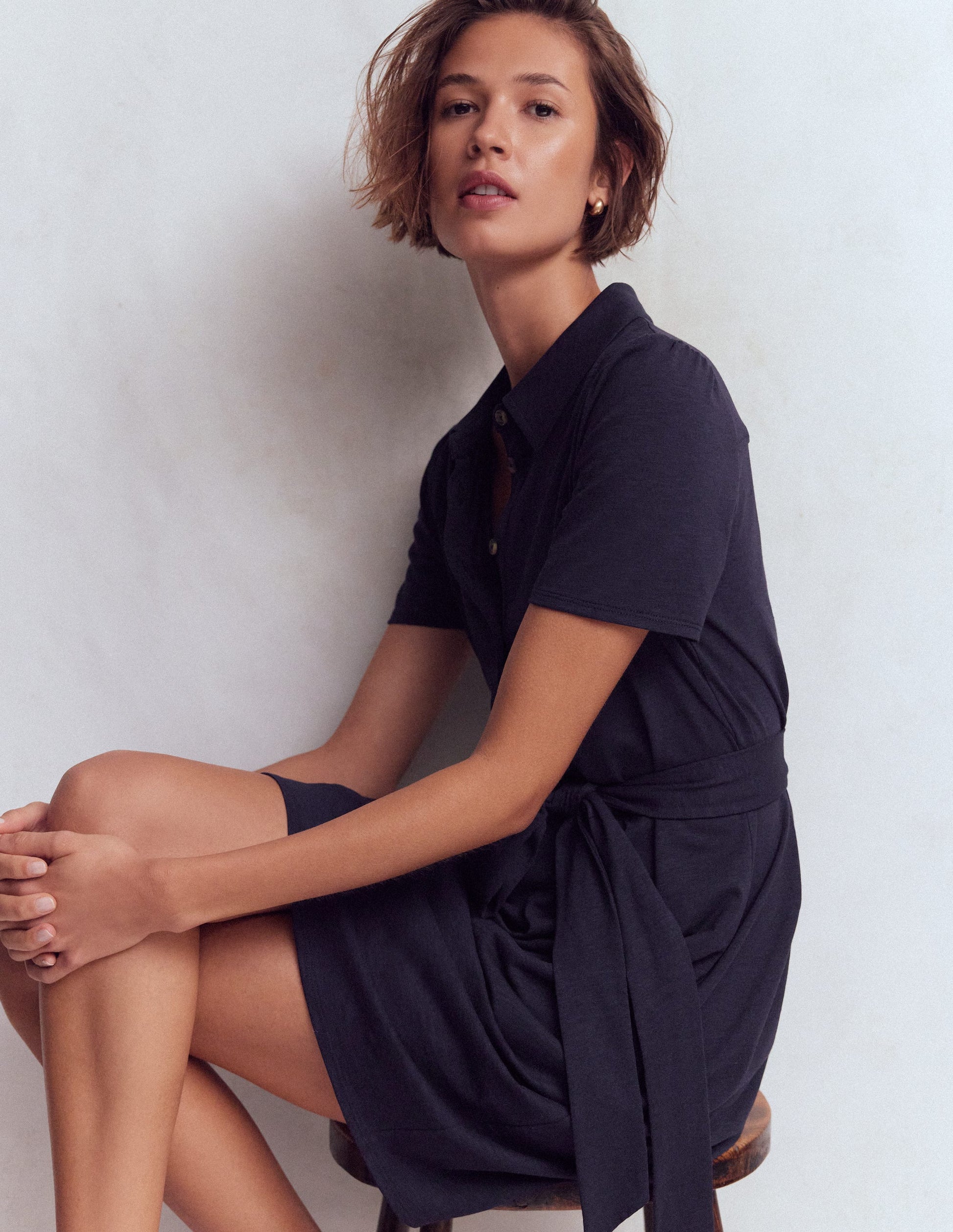Patti Short Jersey Shirt Dress-Navy-5