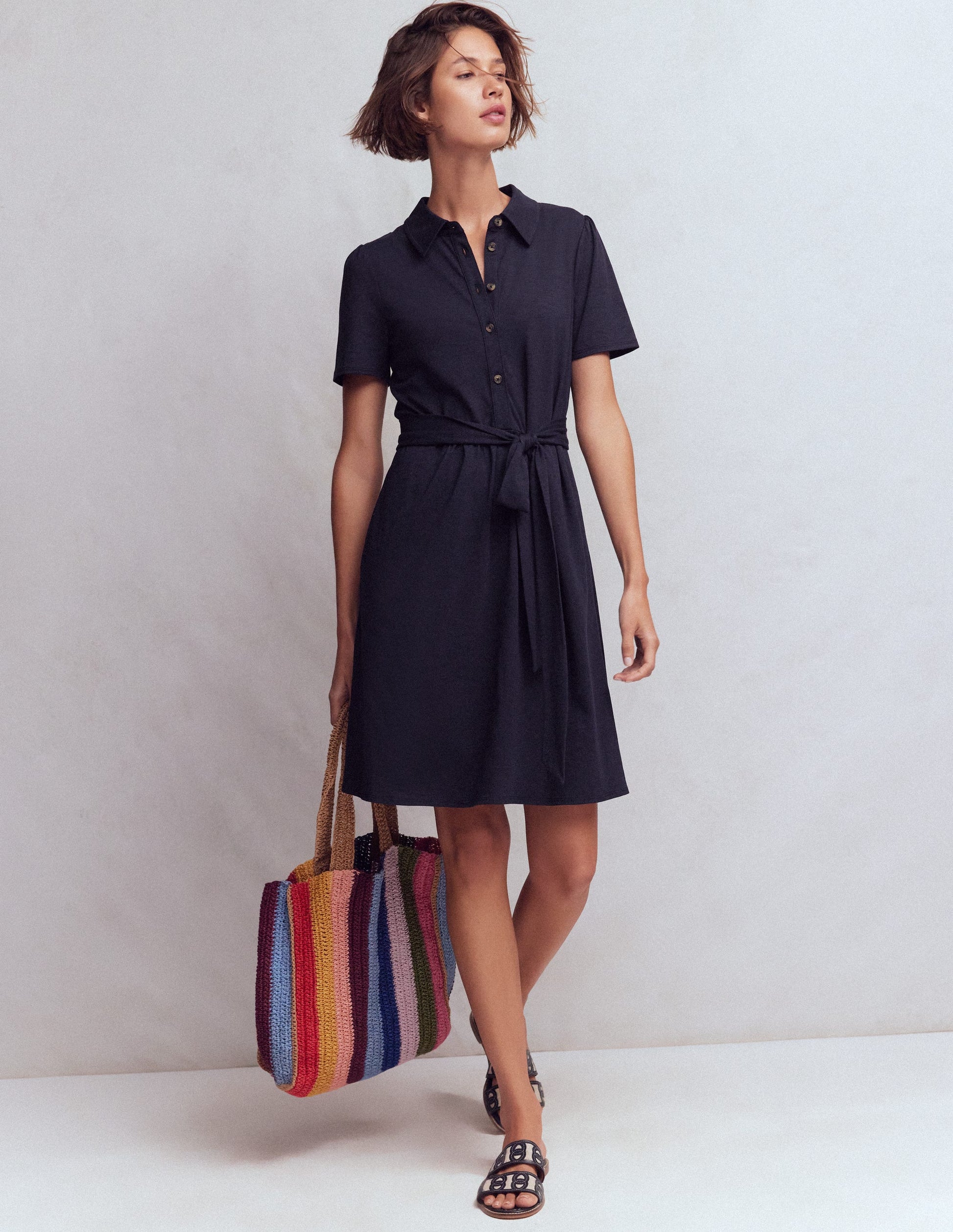 Patti Short Jersey Shirt Dress-Navy-6
