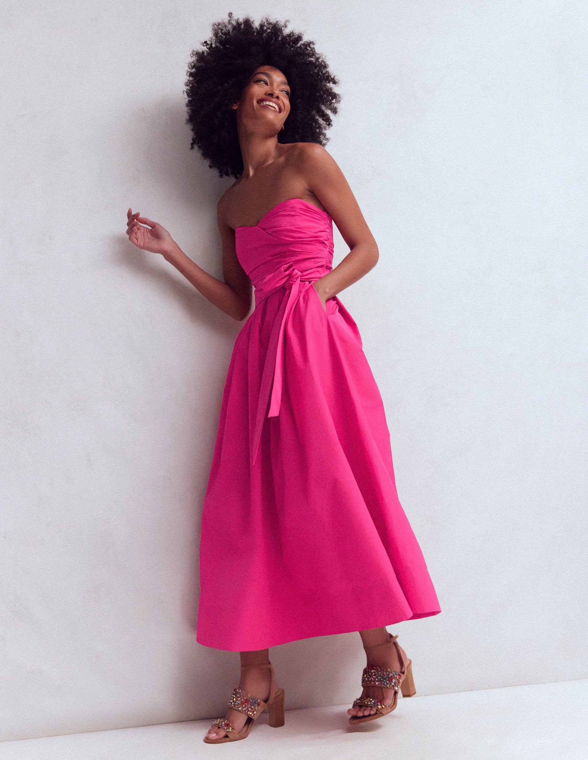 boden strapless linen midi dress Strapless Taffeta Dress - Bright Pink