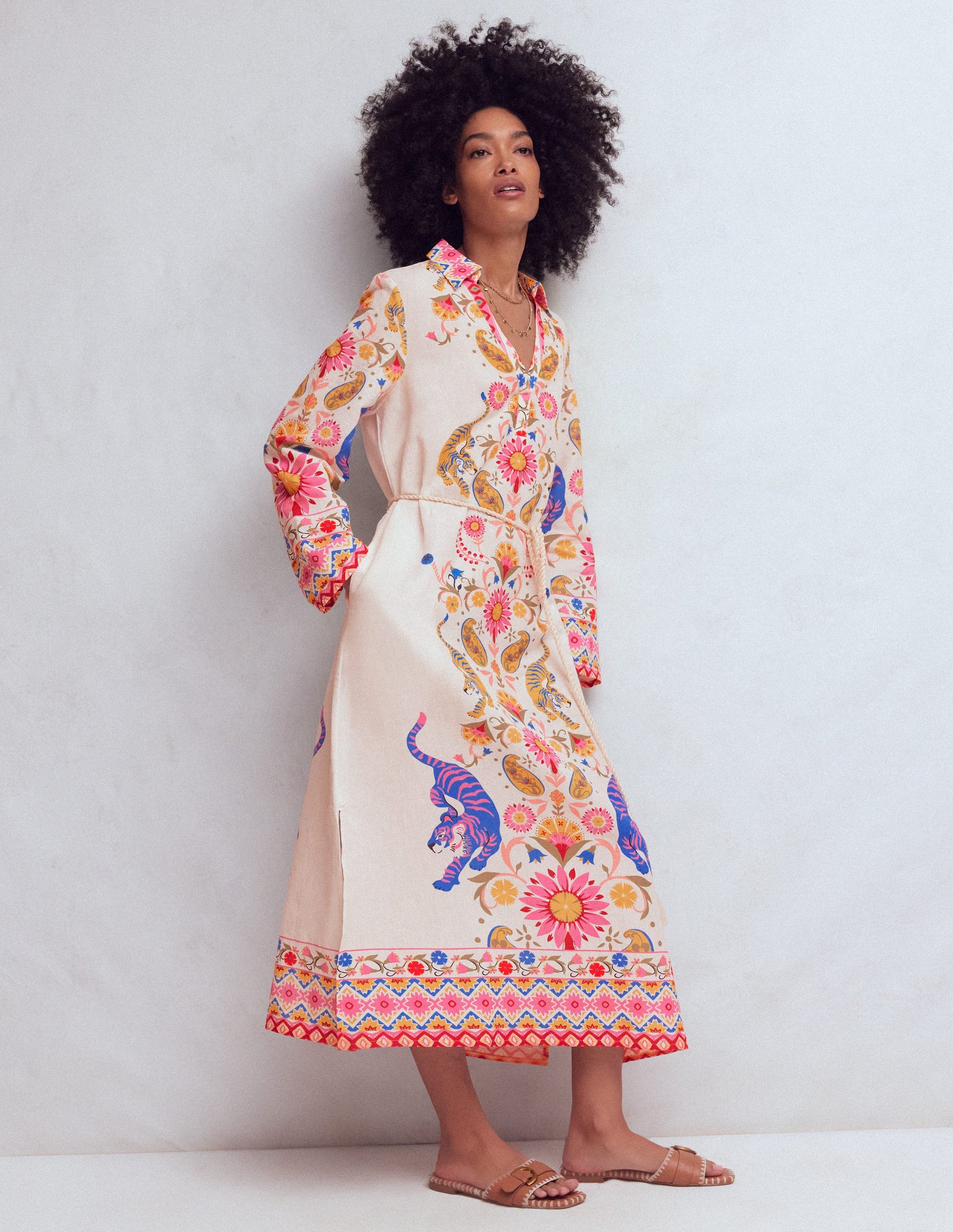 Notch Collar Linen Blend Tunic-Multi Tiger Tapestry-2