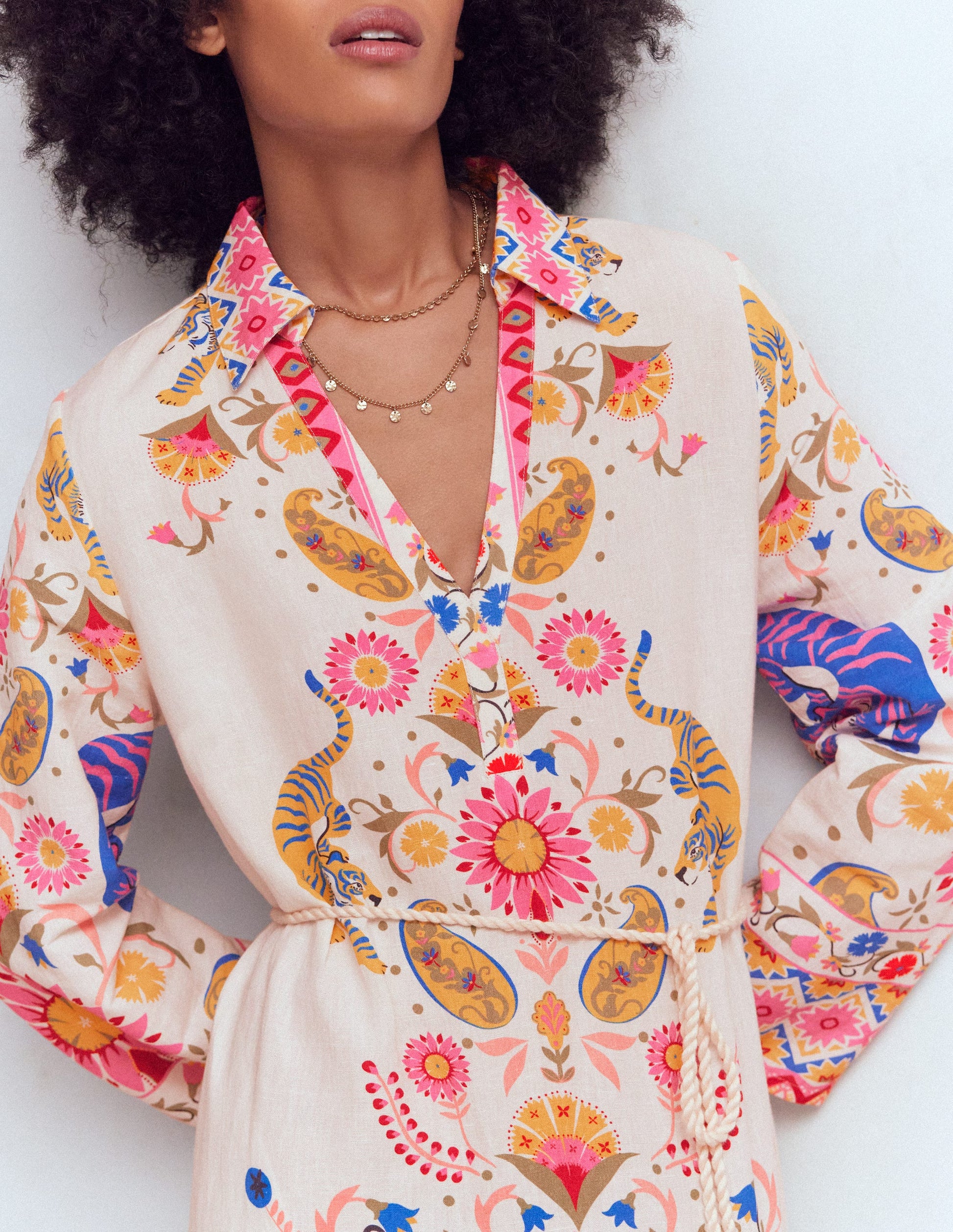 Notch Collar Linen Blend Tunic-Multi Tiger Tapestry-3