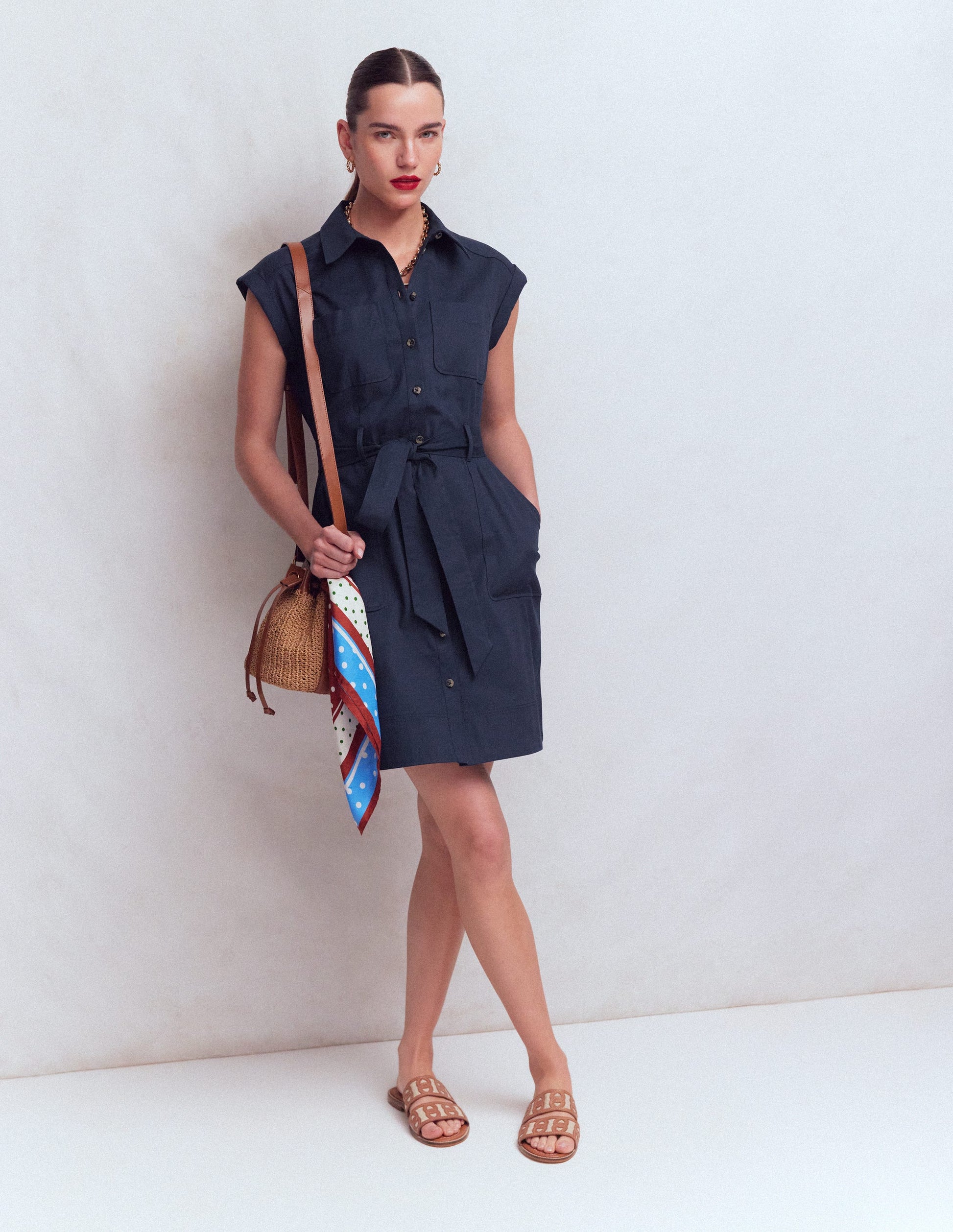 Short Belted Shirt Dress-Navy-1