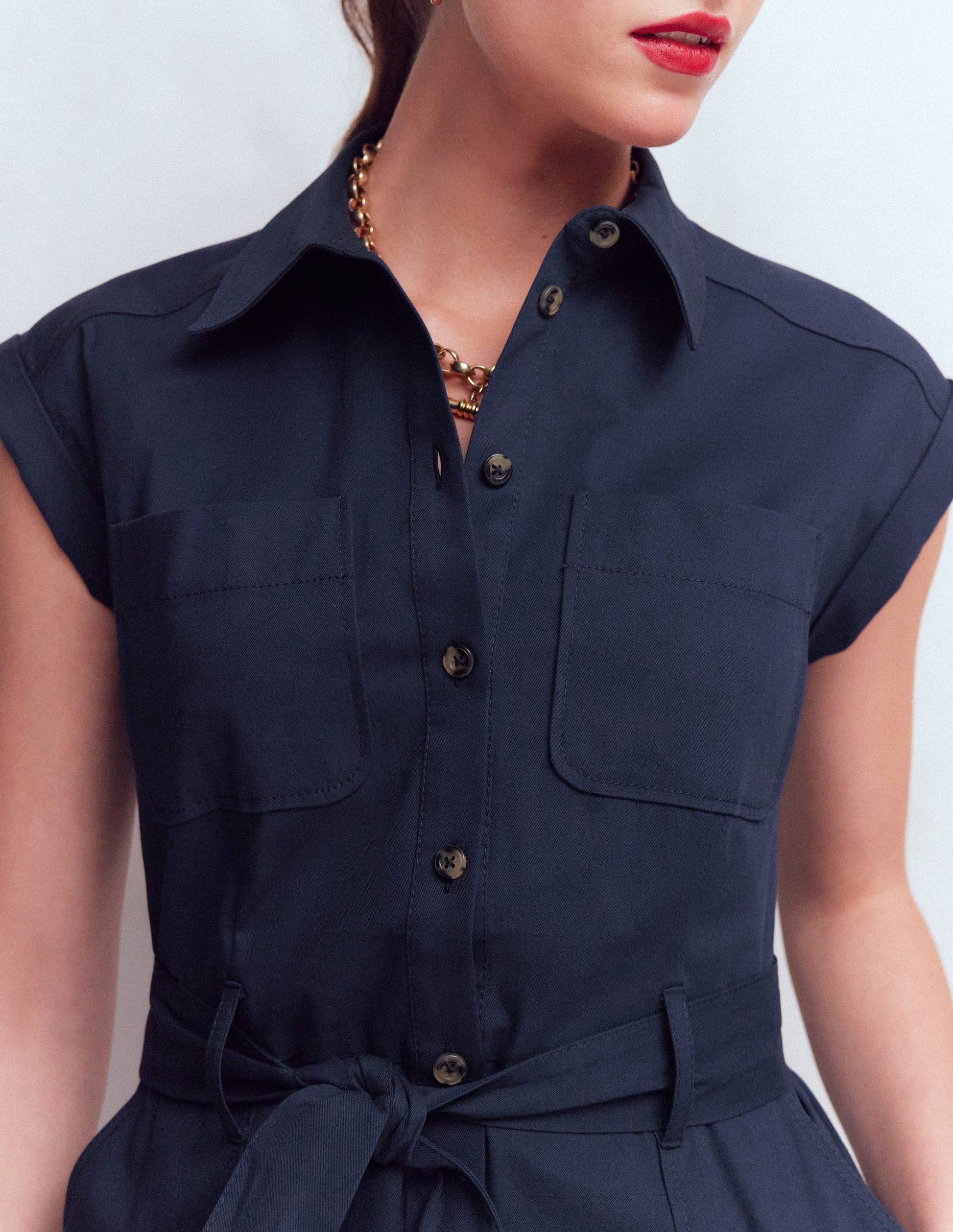 Short Belted Shirt Dress-Navy-2