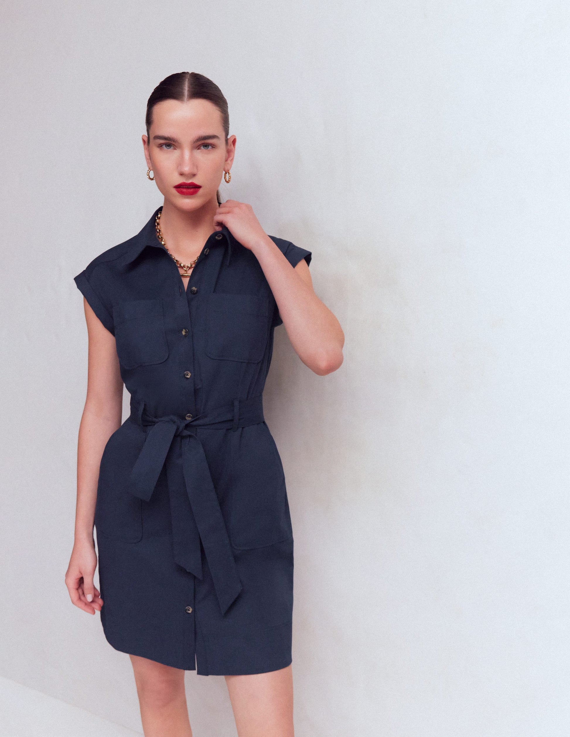 Short Belted Shirt Dress-Navy-4