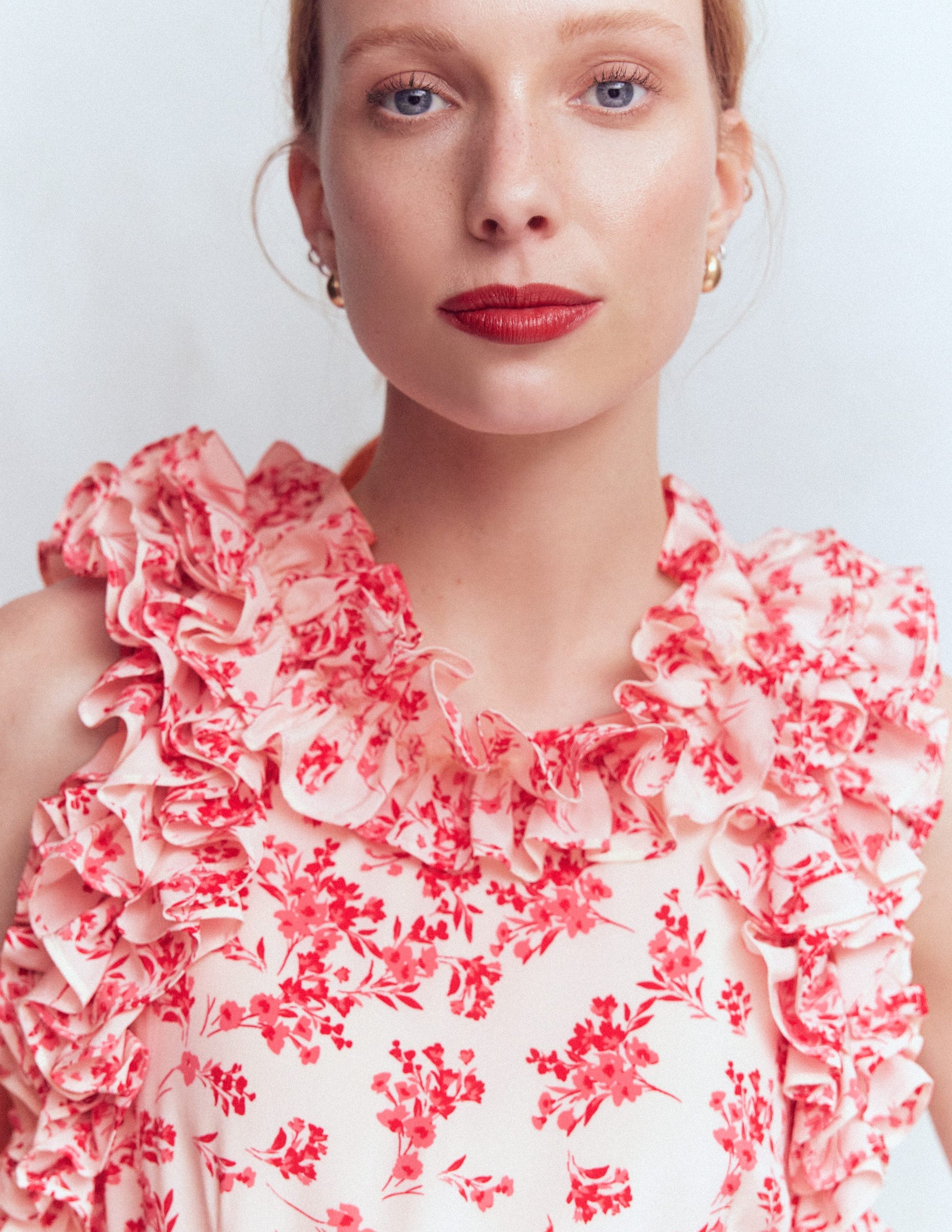 Ruffle Silk Midi Dress-Pink Bloom Scatter Mono-3