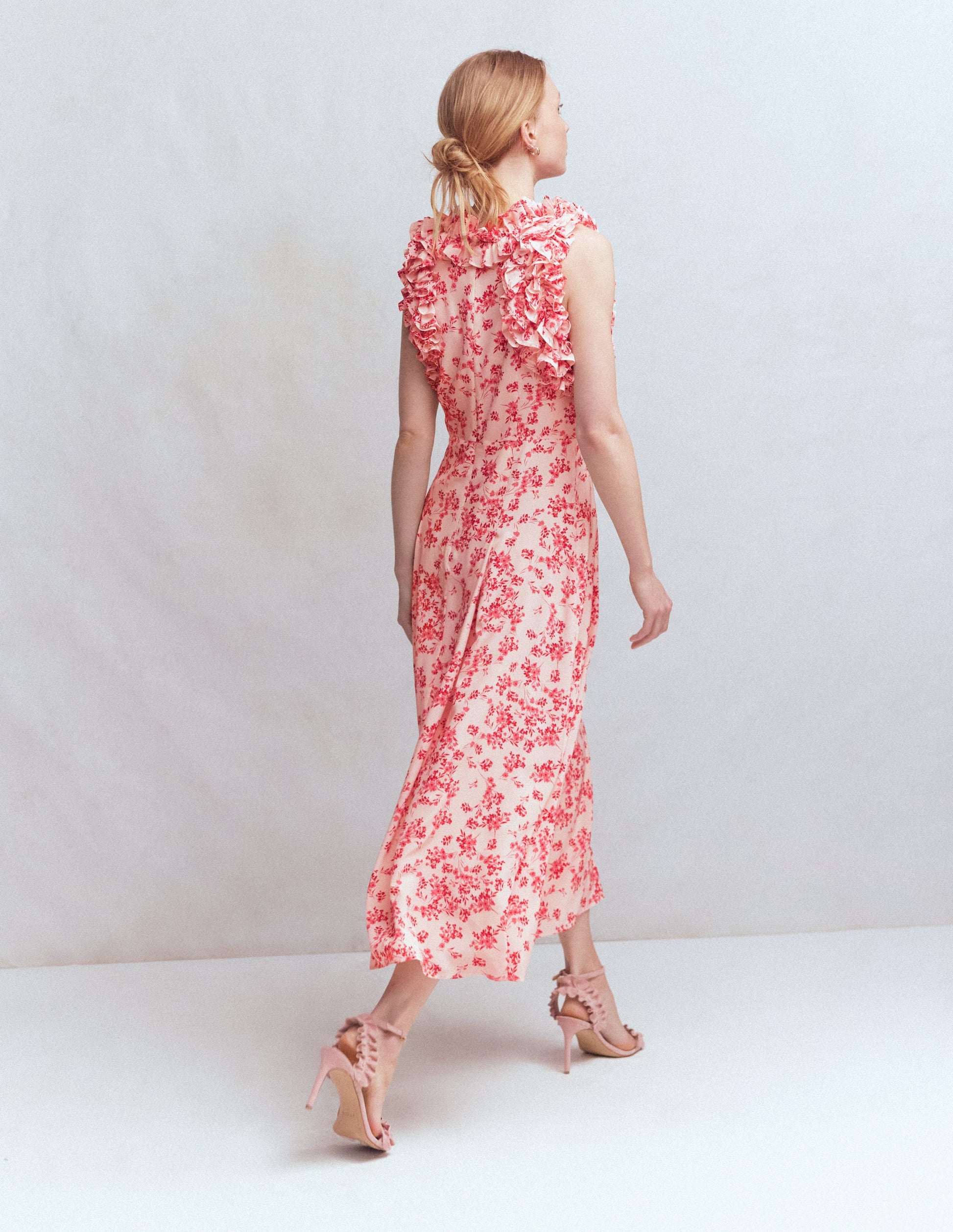 Ruffle Silk Midi Dress-Pink Bloom Scatter Mono-4