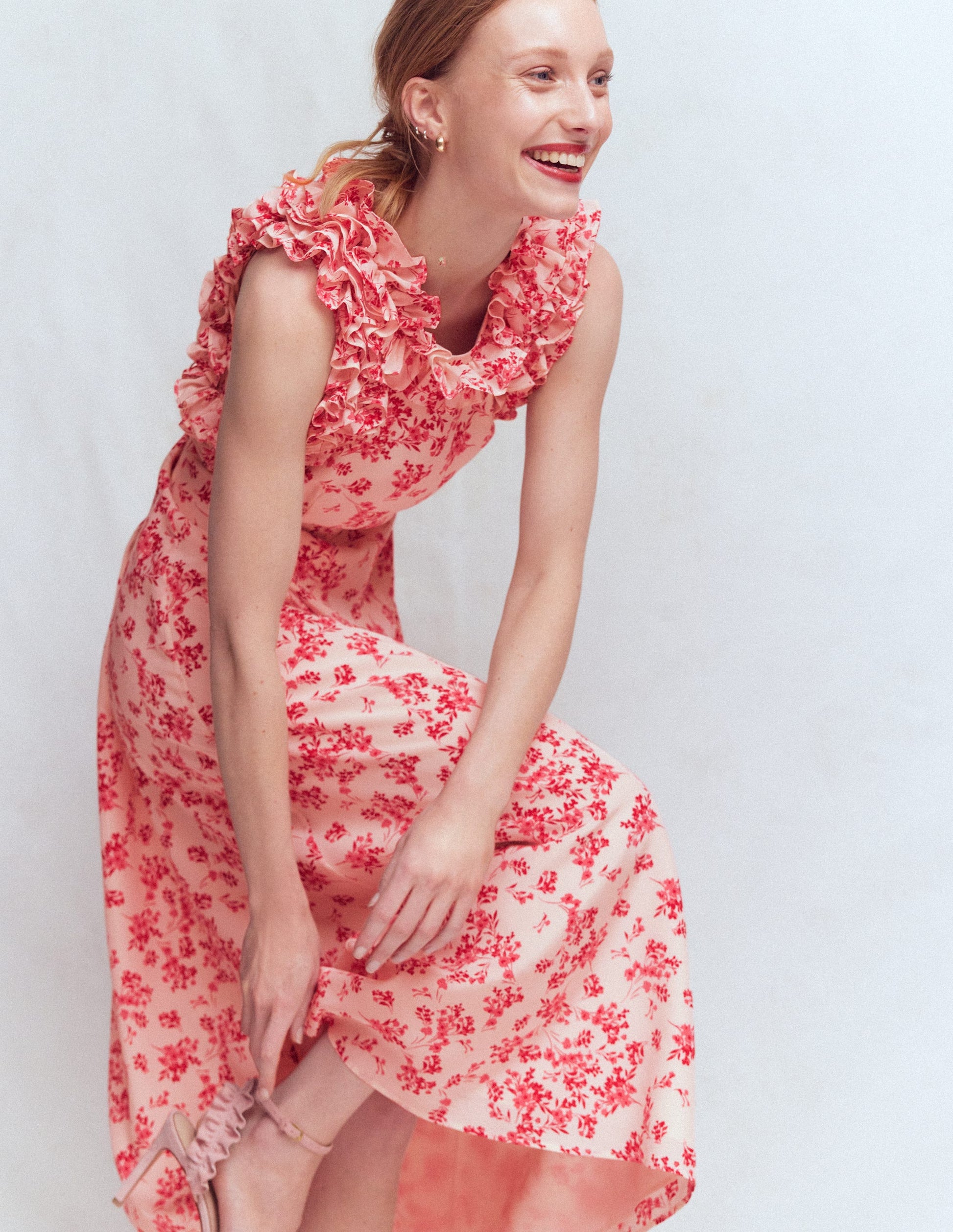 Ruffle Silk Midi Dress-Pink Bloom Scatter Mono-5