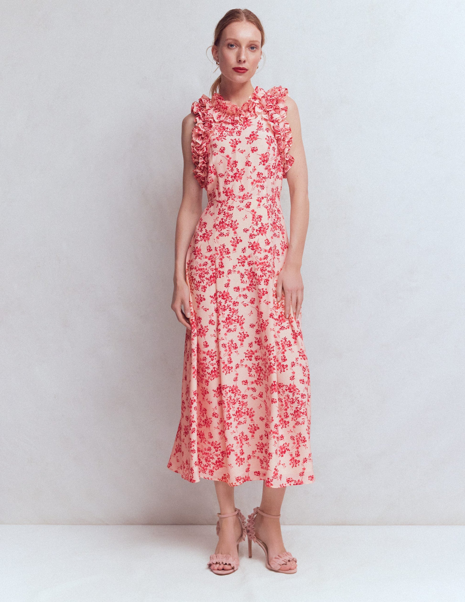 Ruffle Silk Midi Dress-Pink Bloom Scatter Mono-1