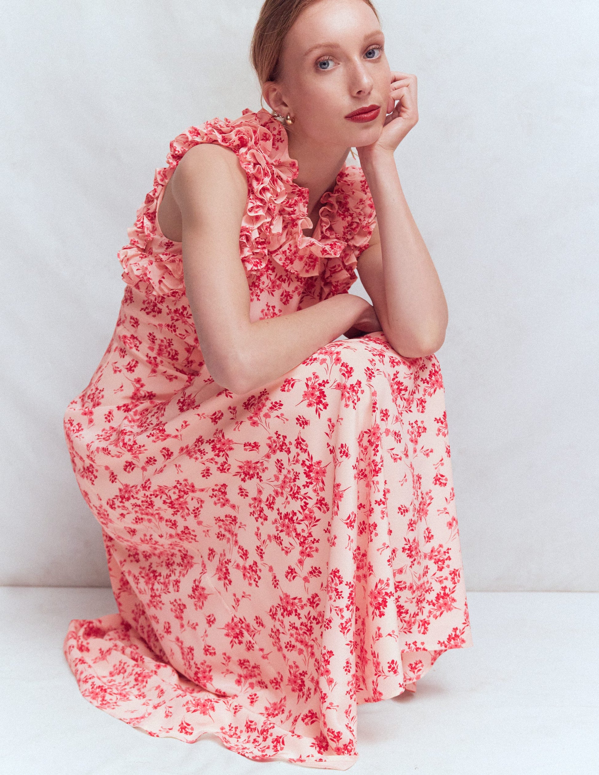 Ruffle Silk Midi Dress-Pink Bloom Scatter Mono-6