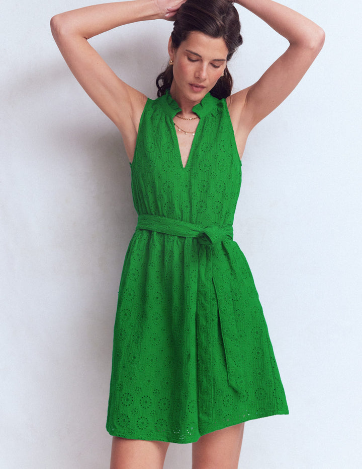 Viv Double Cloth Short Dress-Highland Green Broderie