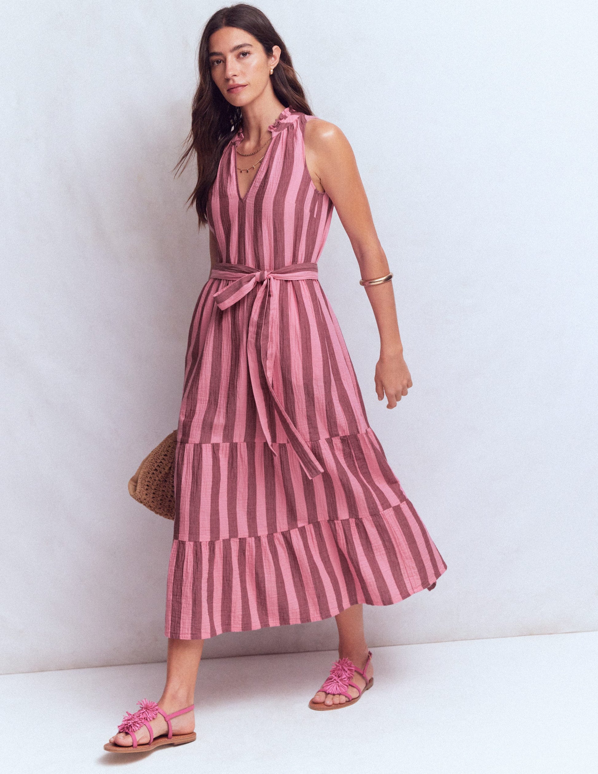 Viv Double Cloth Maxi Dress-Brown Pink Stripe-2