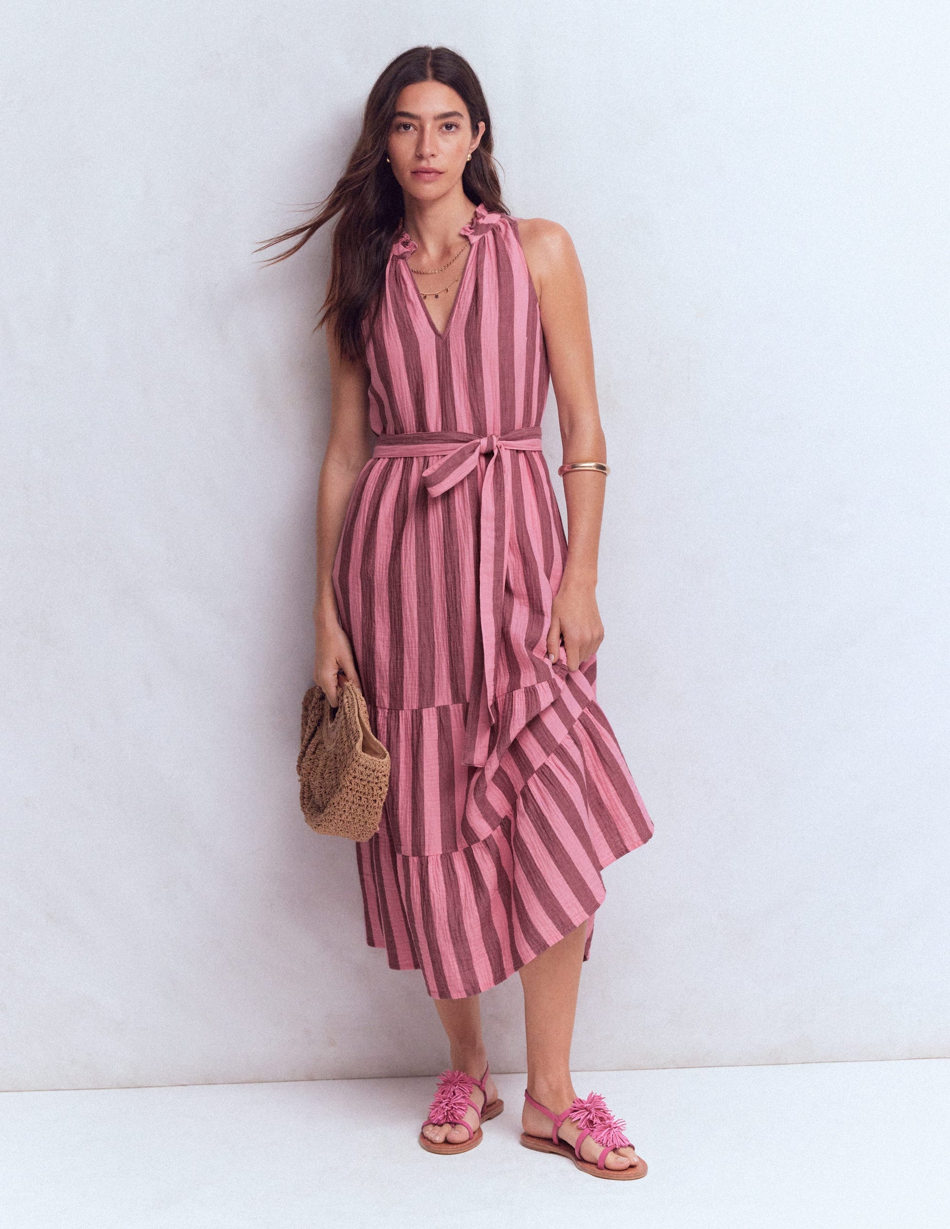 Viv Double Cloth Maxi Dress-Brown Pink Stripe-5