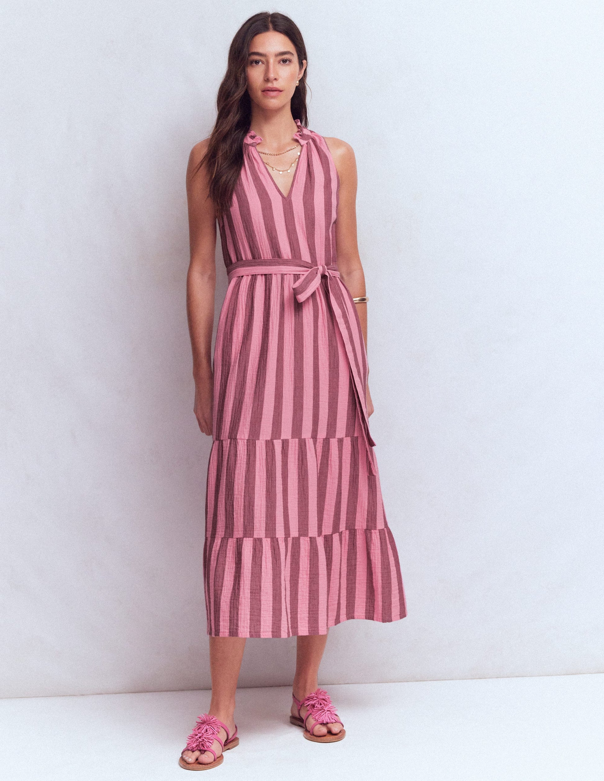 Viv Double Cloth Maxi Dress-Brown Pink Stripe-7