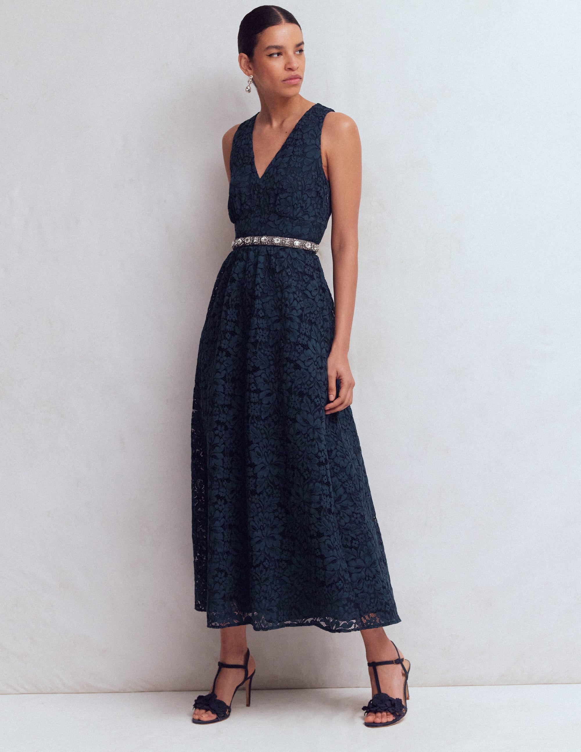 Lace Plunge Neck Panel Dress-Navy - Image 1
