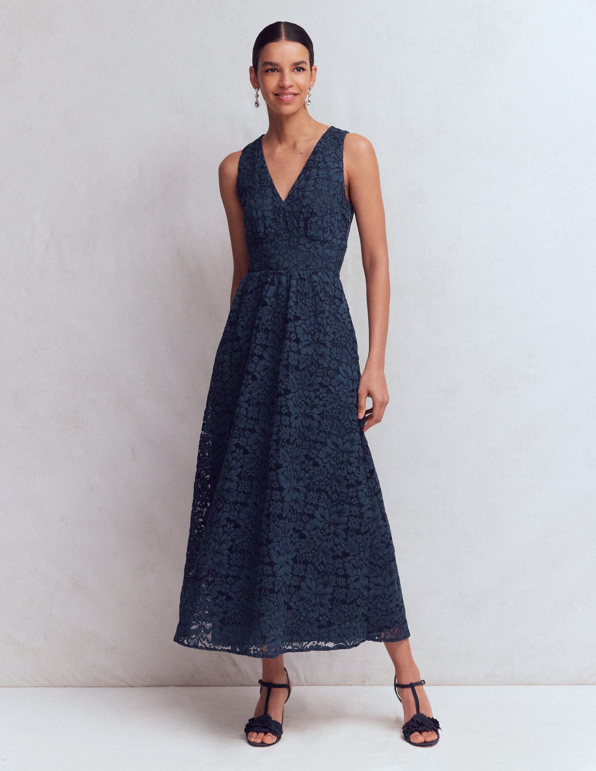 Lace Plunge Neck Panel Dress-Navy-4