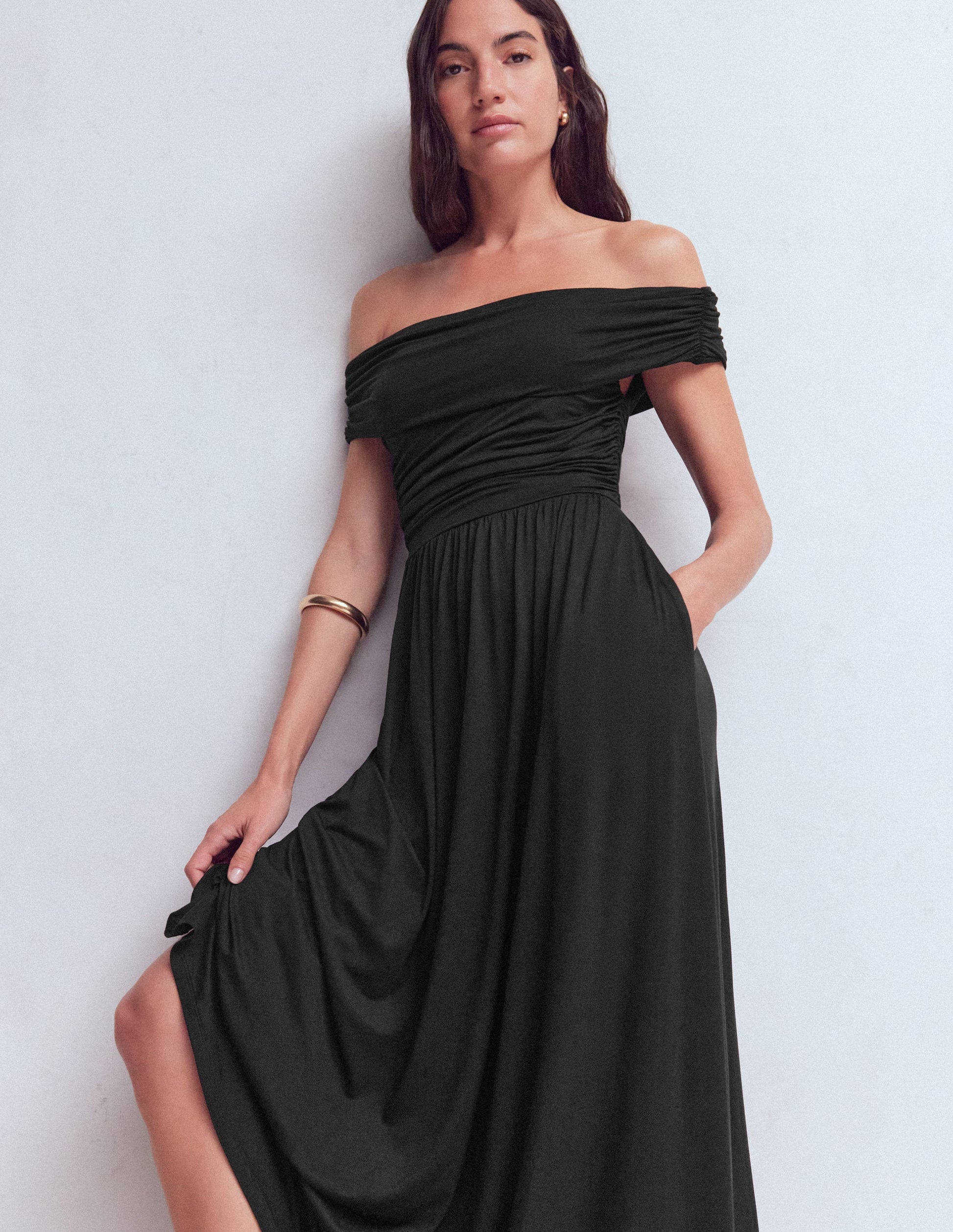 Ruched Bardot Jersey Dress-Black-1