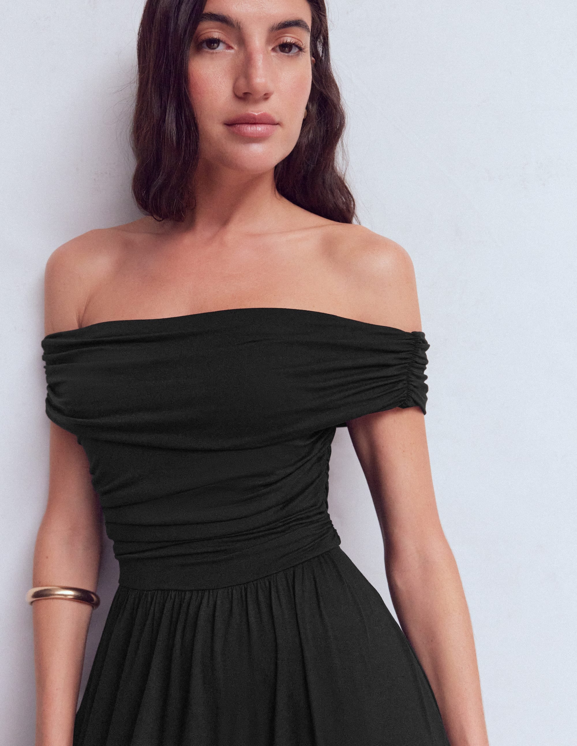 Ruched Bardot Maxi Dress-Black - Image 2