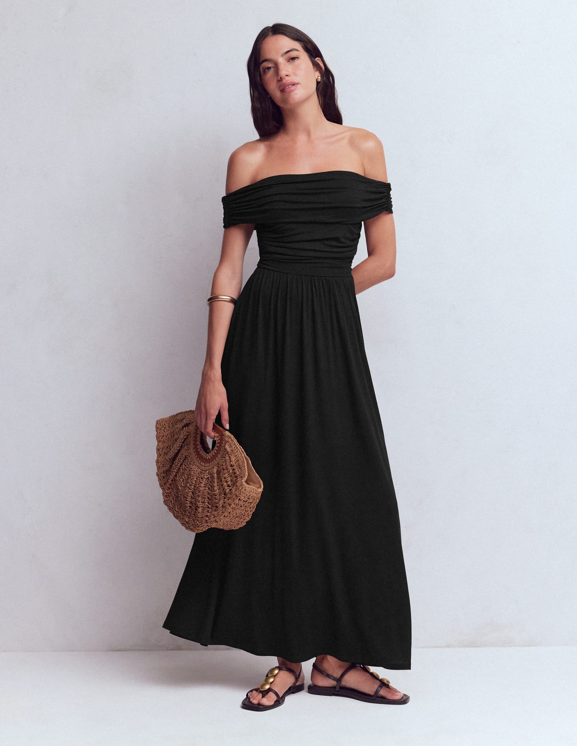 Ruched Bardot Maxi Dress-Black - Image 4