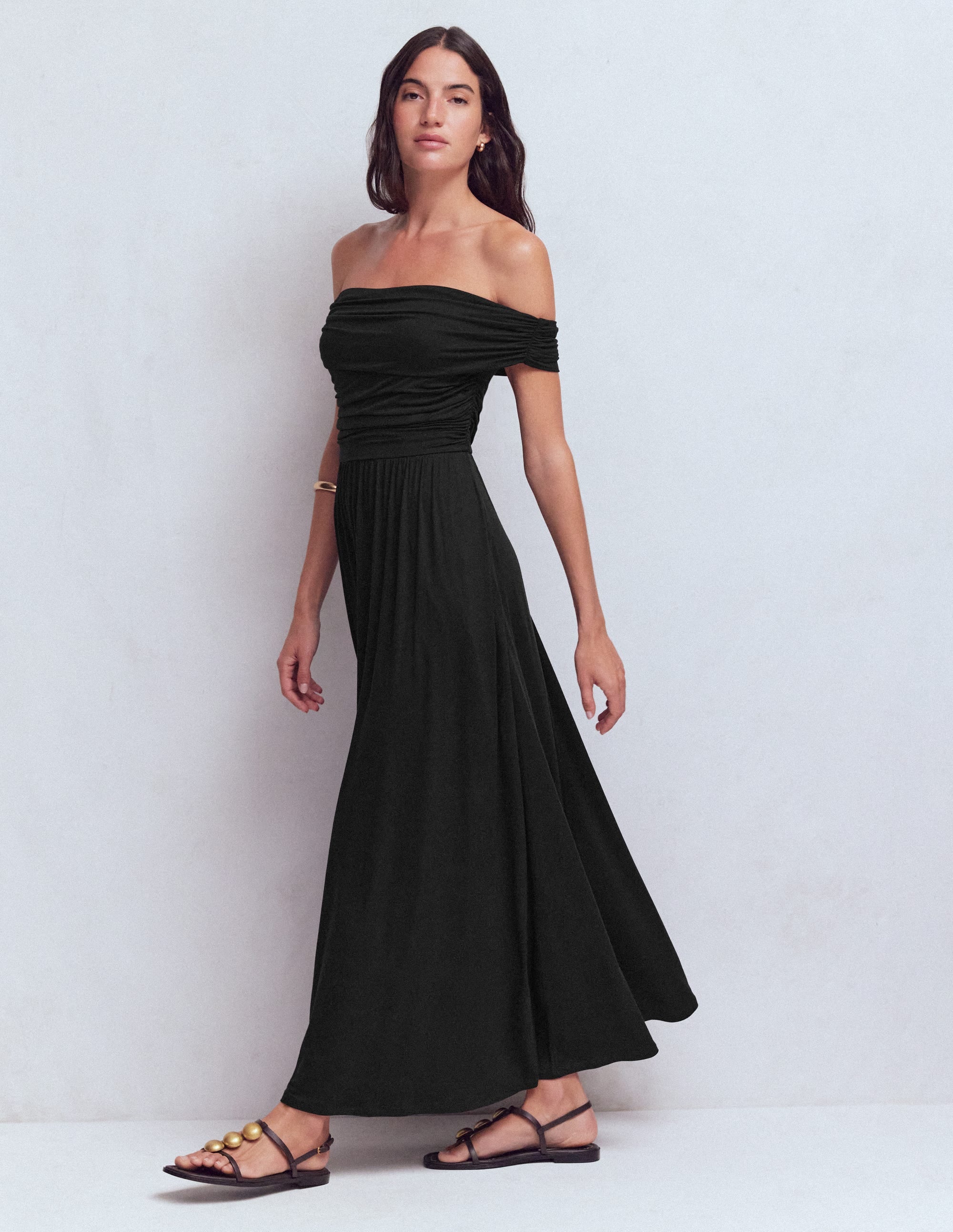 Ruched Bardot Maxi Dress-Black - Image 5